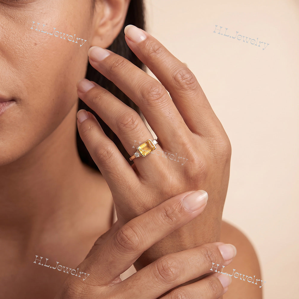 East-West Emerald-Cut Citrine Ring with Clear Quartz Accents - H.L.Jewelry