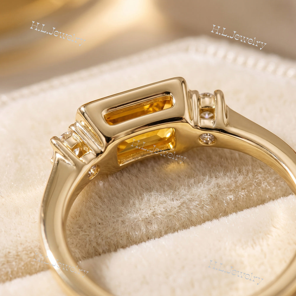 East-West Emerald-Cut Citrine Ring with Clear Quartz Accents - H.L.Jewelry