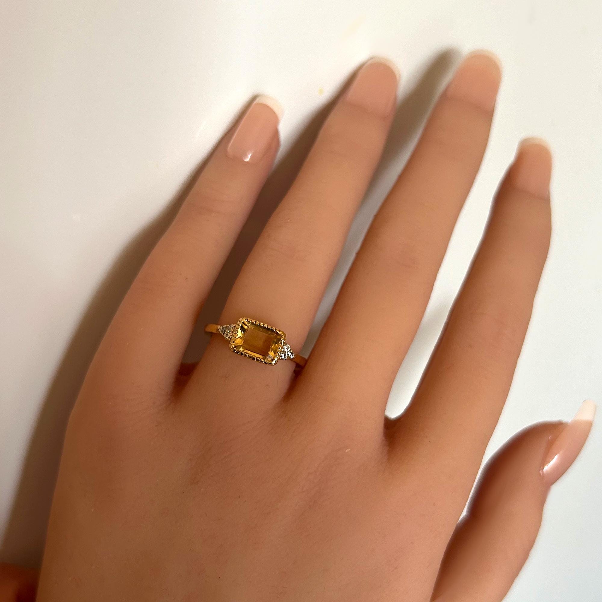 East-West Emerald-Cut Citrine Ring with Quartz Accents - H.L.Jewelry