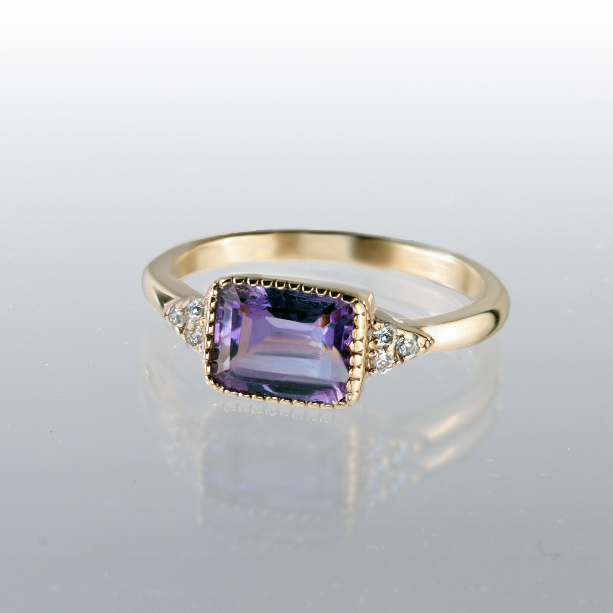 East-West Emerald Cut Purple Amethyst Ring with Clear Quartz Accents - H.L.Jewelry