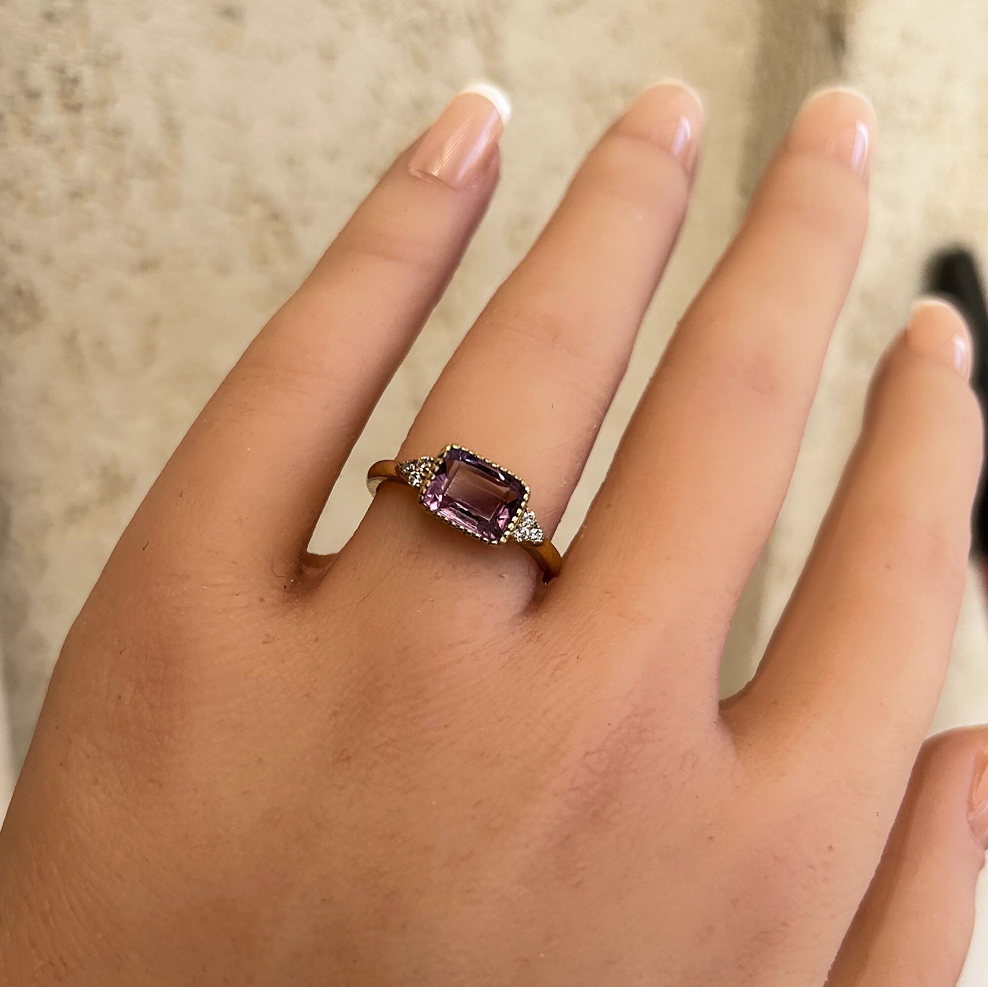 East-West Emerald Cut Purple Amethyst Ring with Clear Quartz Accents - H.L.Jewelry