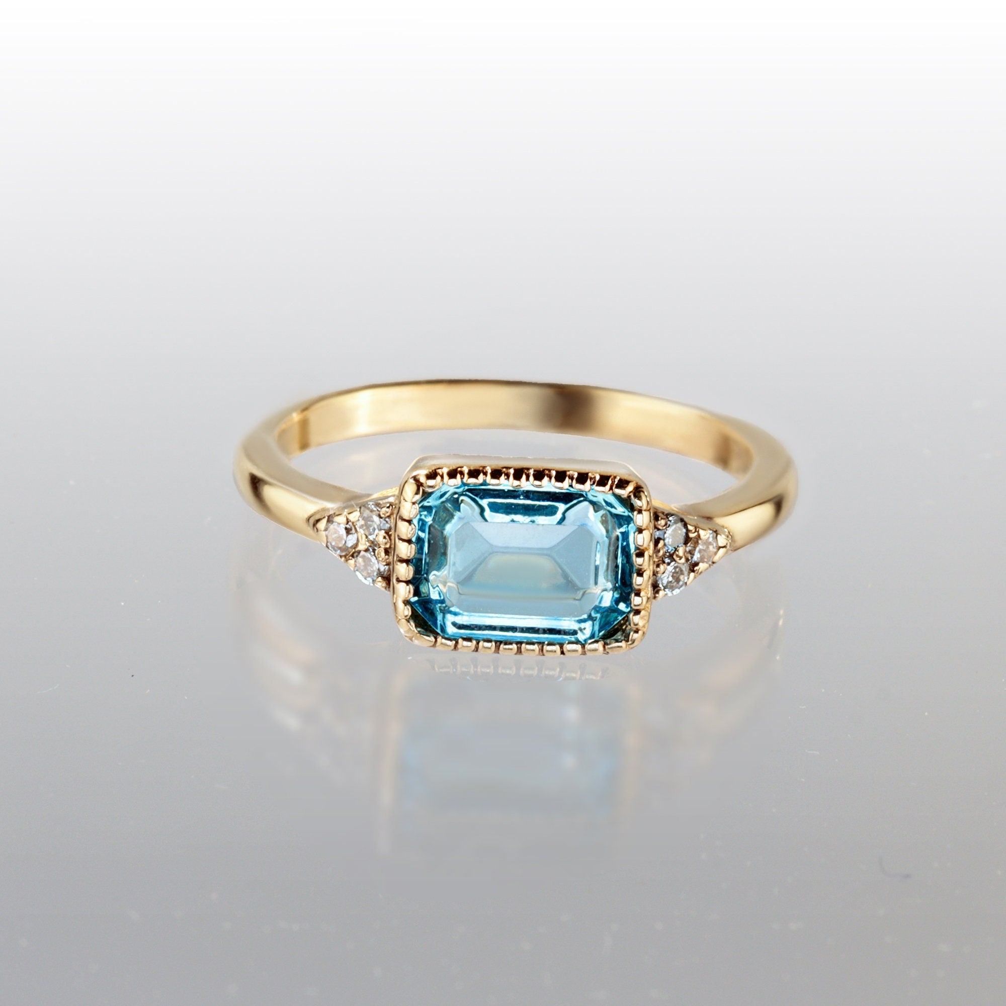 East-West Octagon Aquamarine Ring with Clear Quartz Accents - H.L.Jewelry