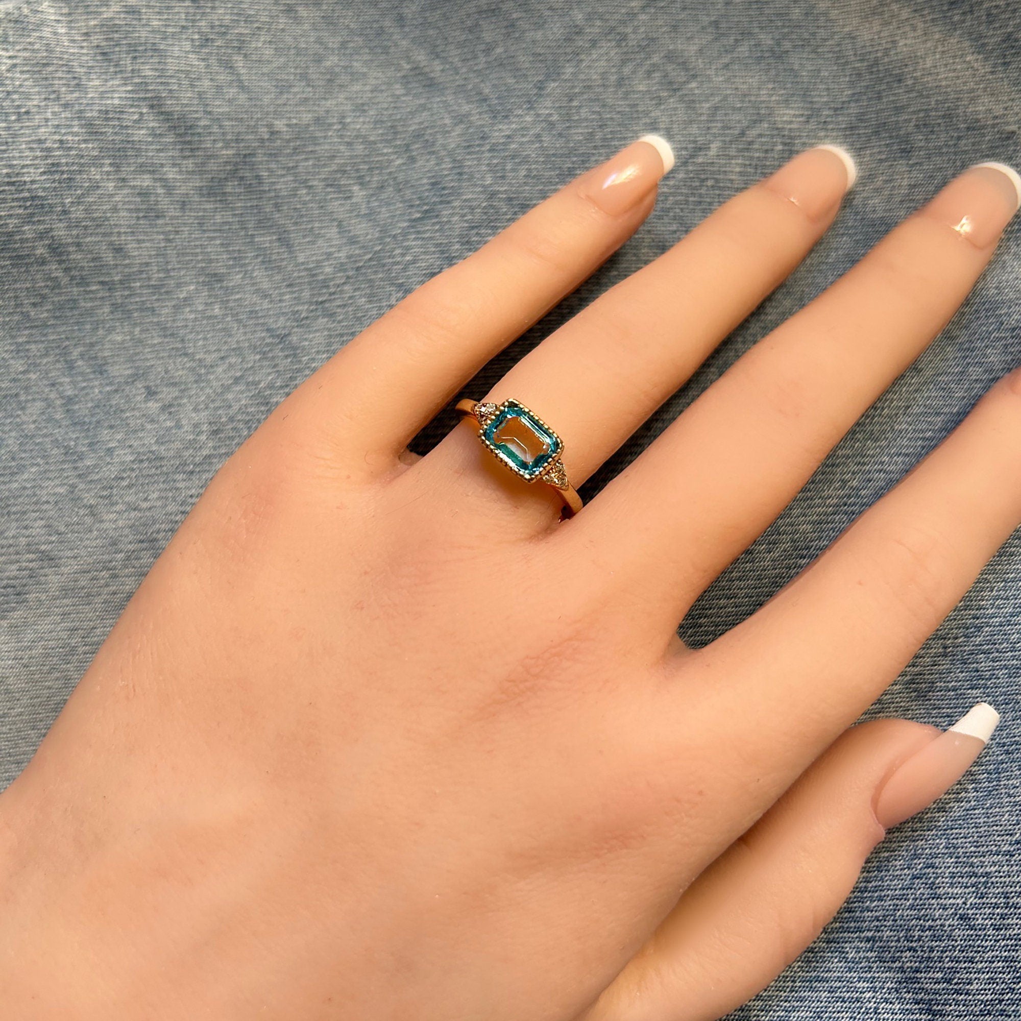 East-West Octagon Aquamarine Ring with Clear Quartz Accents - H.L.Jewelry