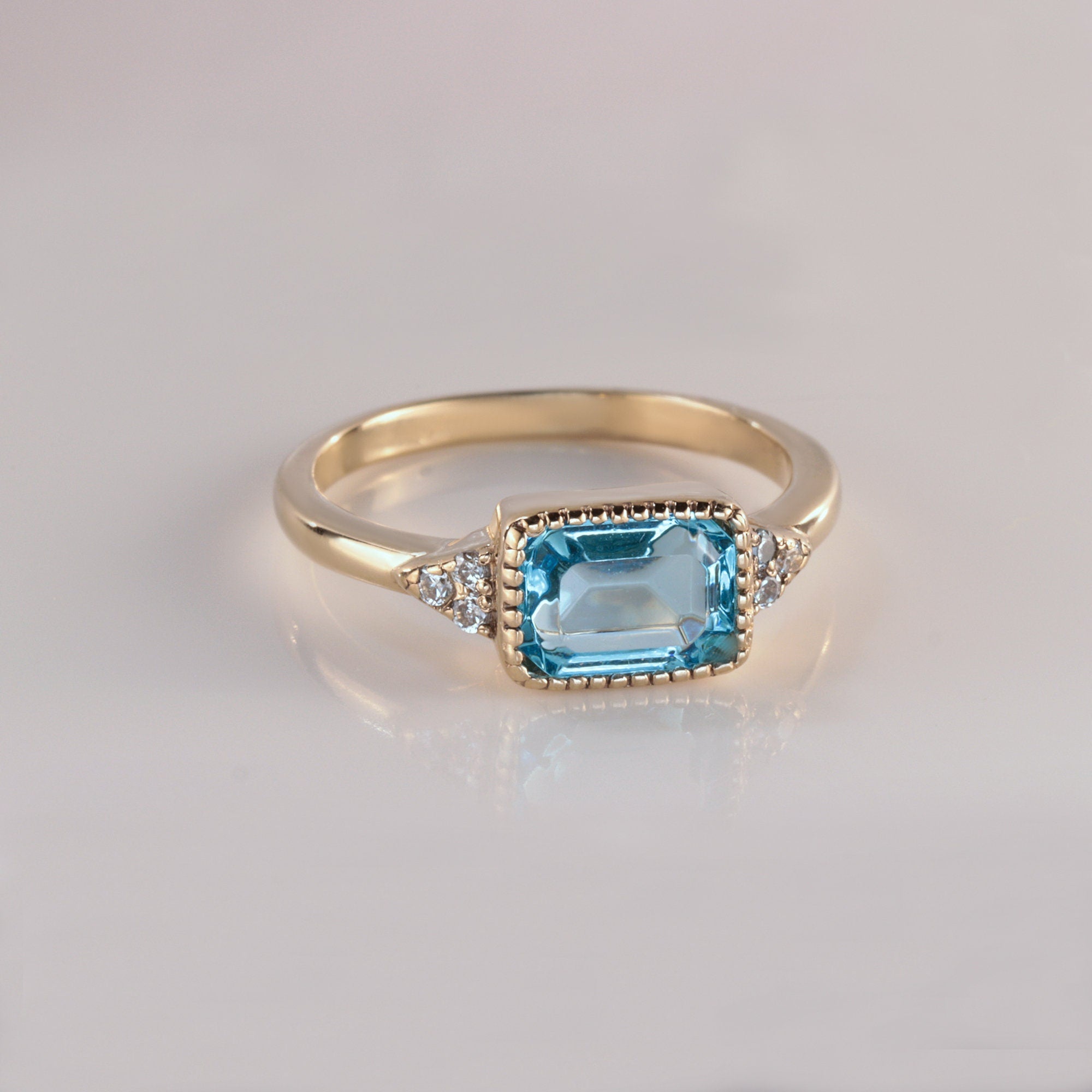 East-West Octagon Aquamarine Ring with Clear Quartz Accents - H.L.Jewelry