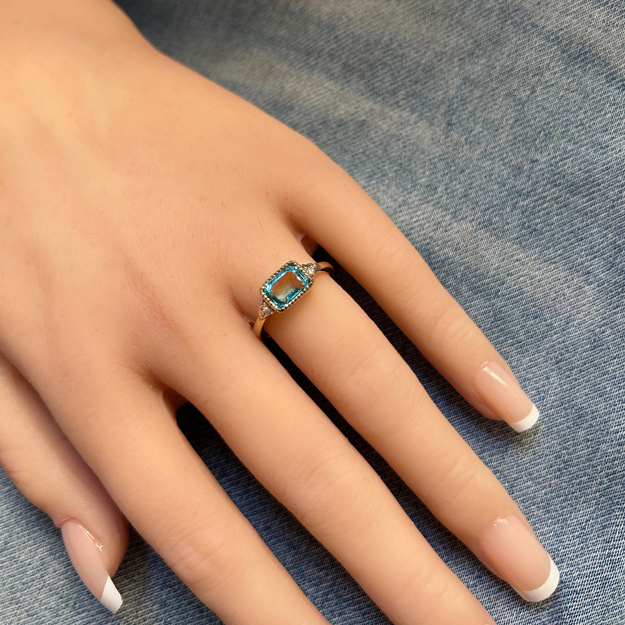 East-West Octagon Aquamarine Ring with Clear Quartz Accents - H.L.Jewelry