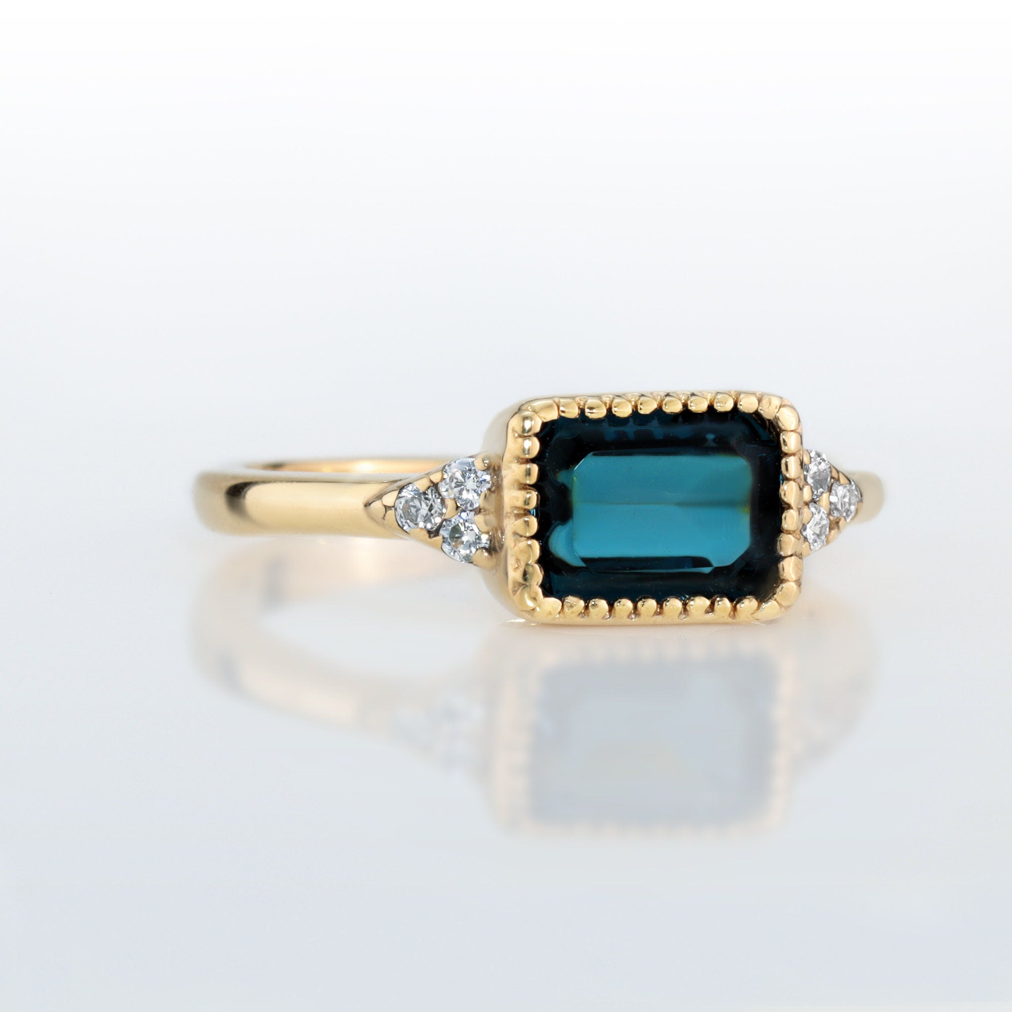 East-West Octagon Blue Sapphire Ring with Clear Quartz Accents - H.L.Jewelry