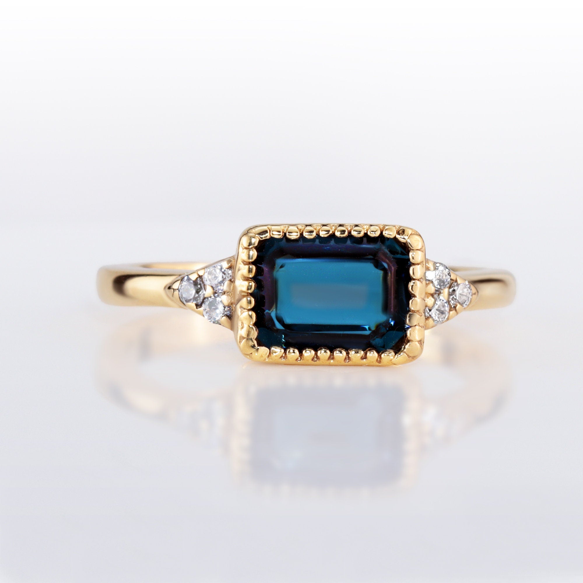 East-West Octagon Blue Sapphire Ring with Clear Quartz Accents - H.L.Jewelry