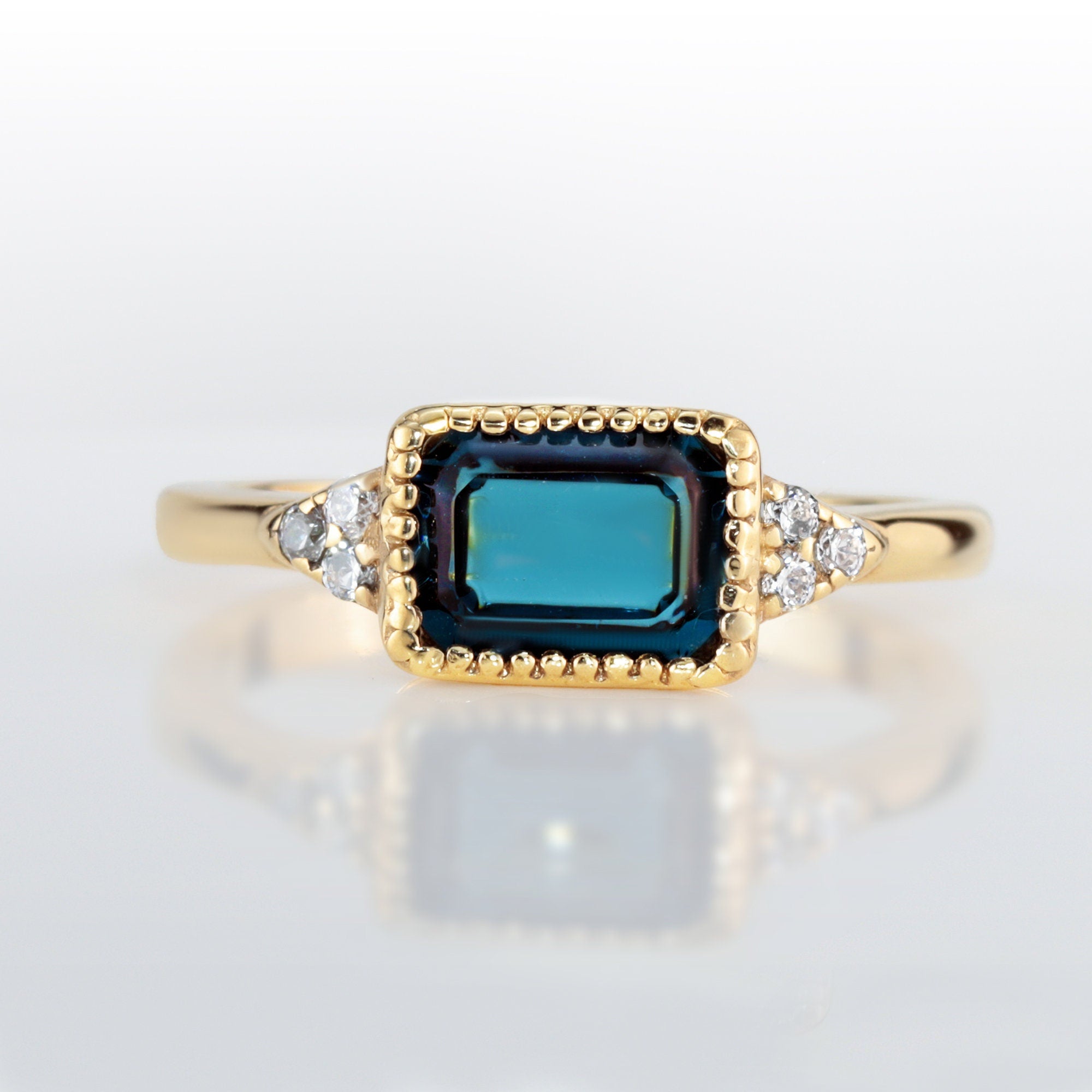 East-West Octagon Blue Sapphire Ring with Clear Quartz Accents - H.L.Jewelry