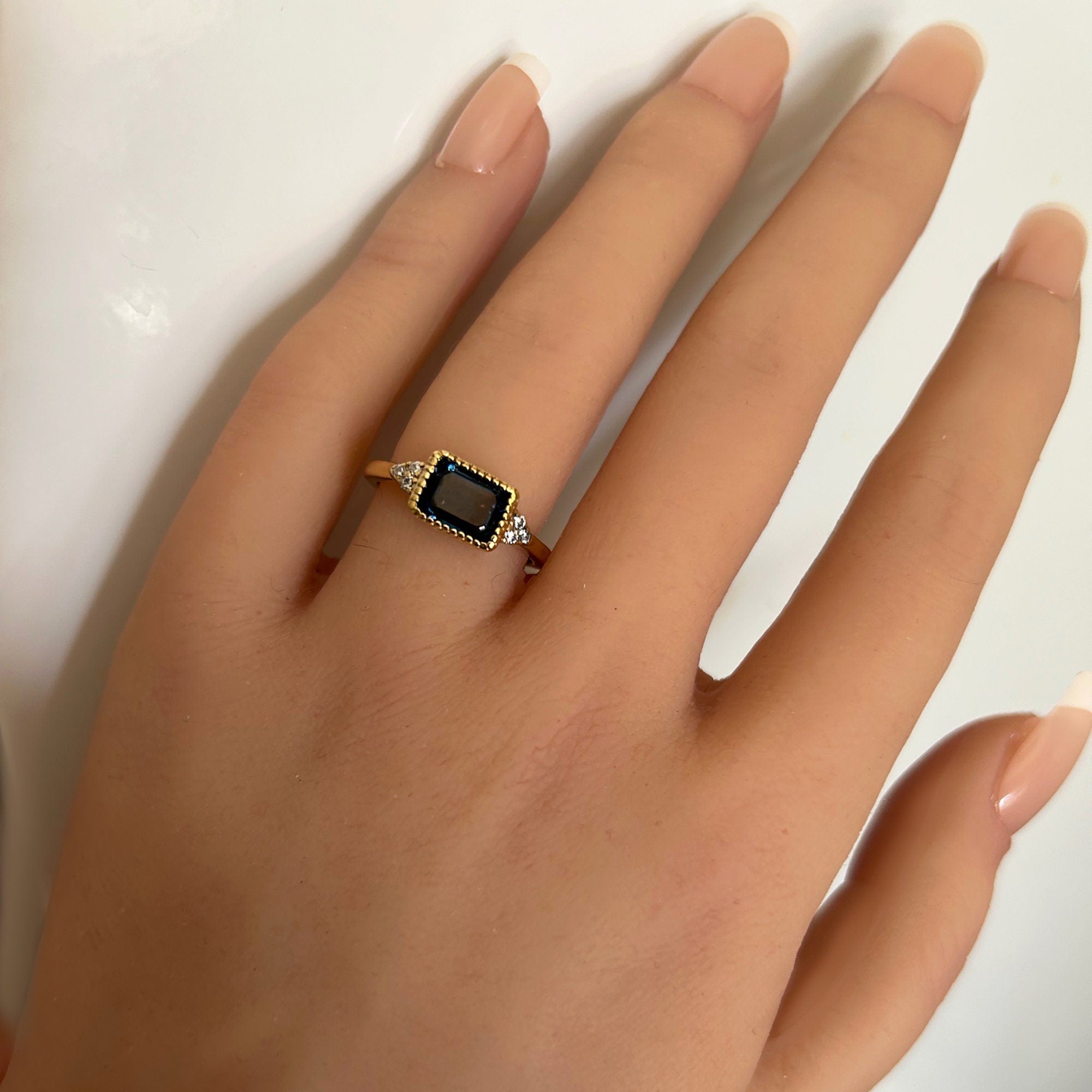 East-West Octagon Blue Sapphire Ring with Clear Quartz Accents - H.L.Jewelry