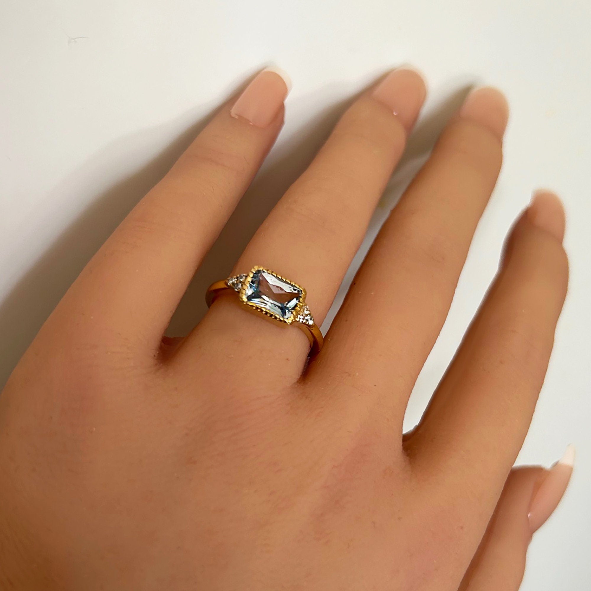 East-West Octagon Blue Topaz Ring with Clear Quartz Accents - H.L.Jewelry