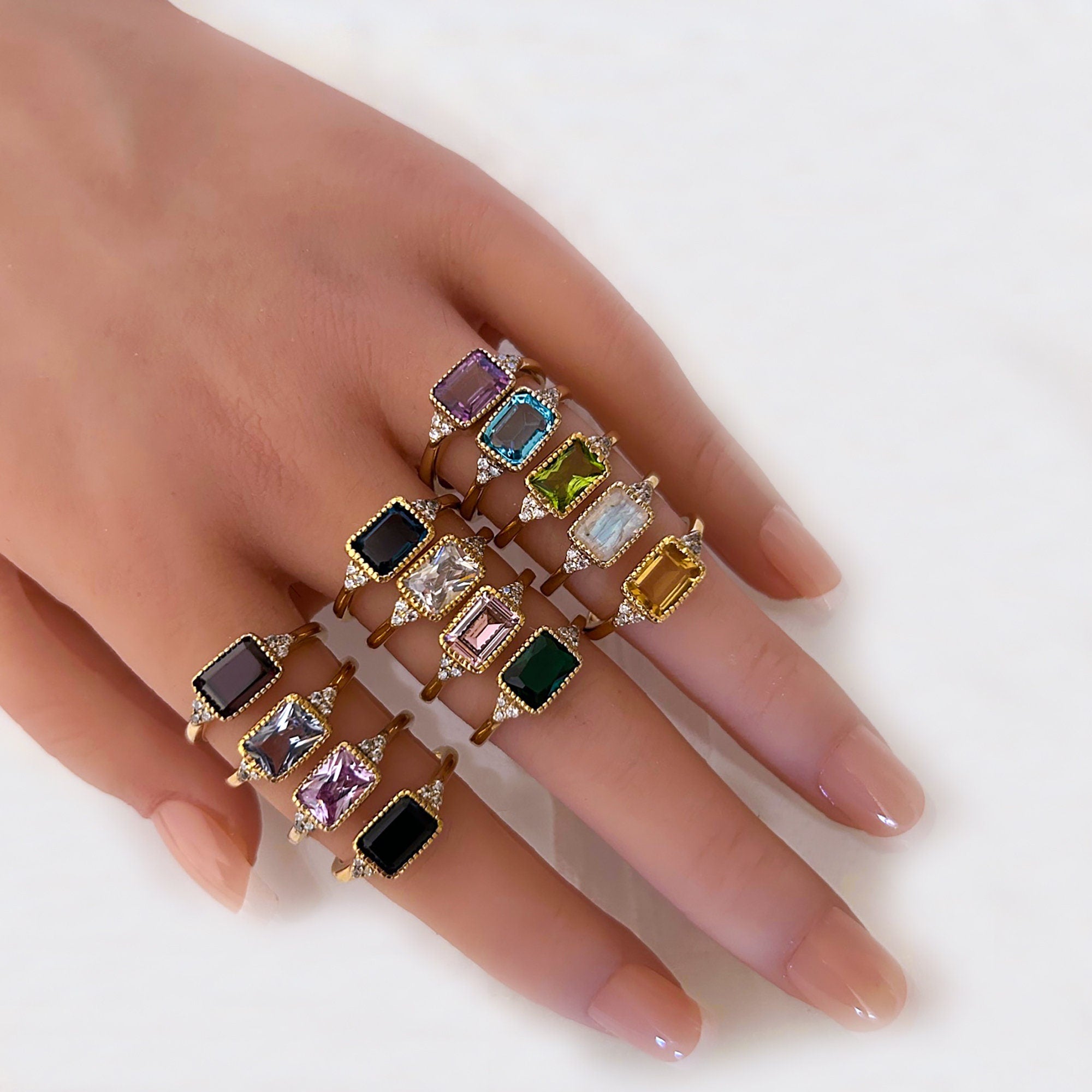 East-West Octagon Blue Topaz Ring with Clear Quartz Accents - H.L.Jewelry
