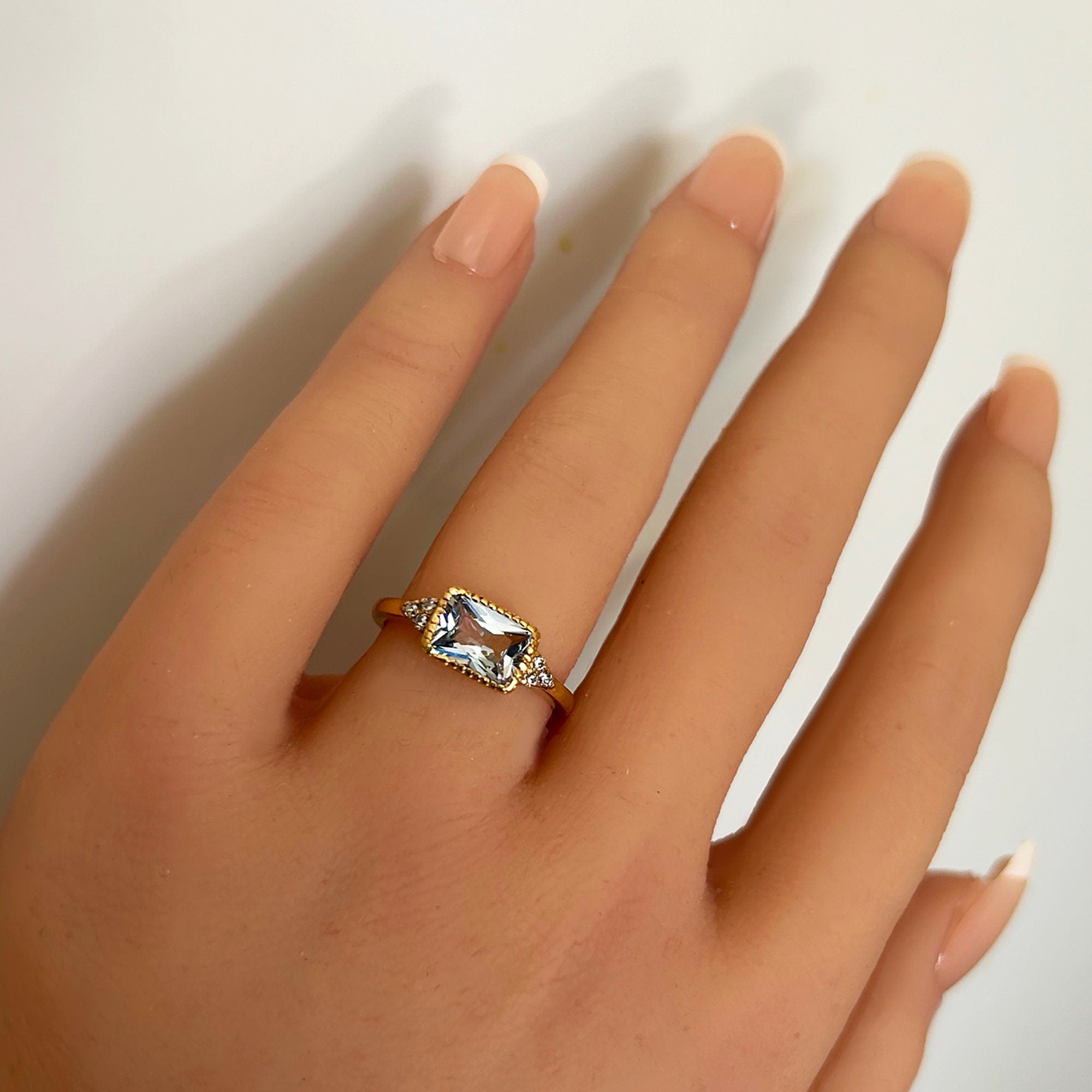 East-West Octagon Blue Topaz Ring with Clear Quartz Accents - H.L.Jewelry