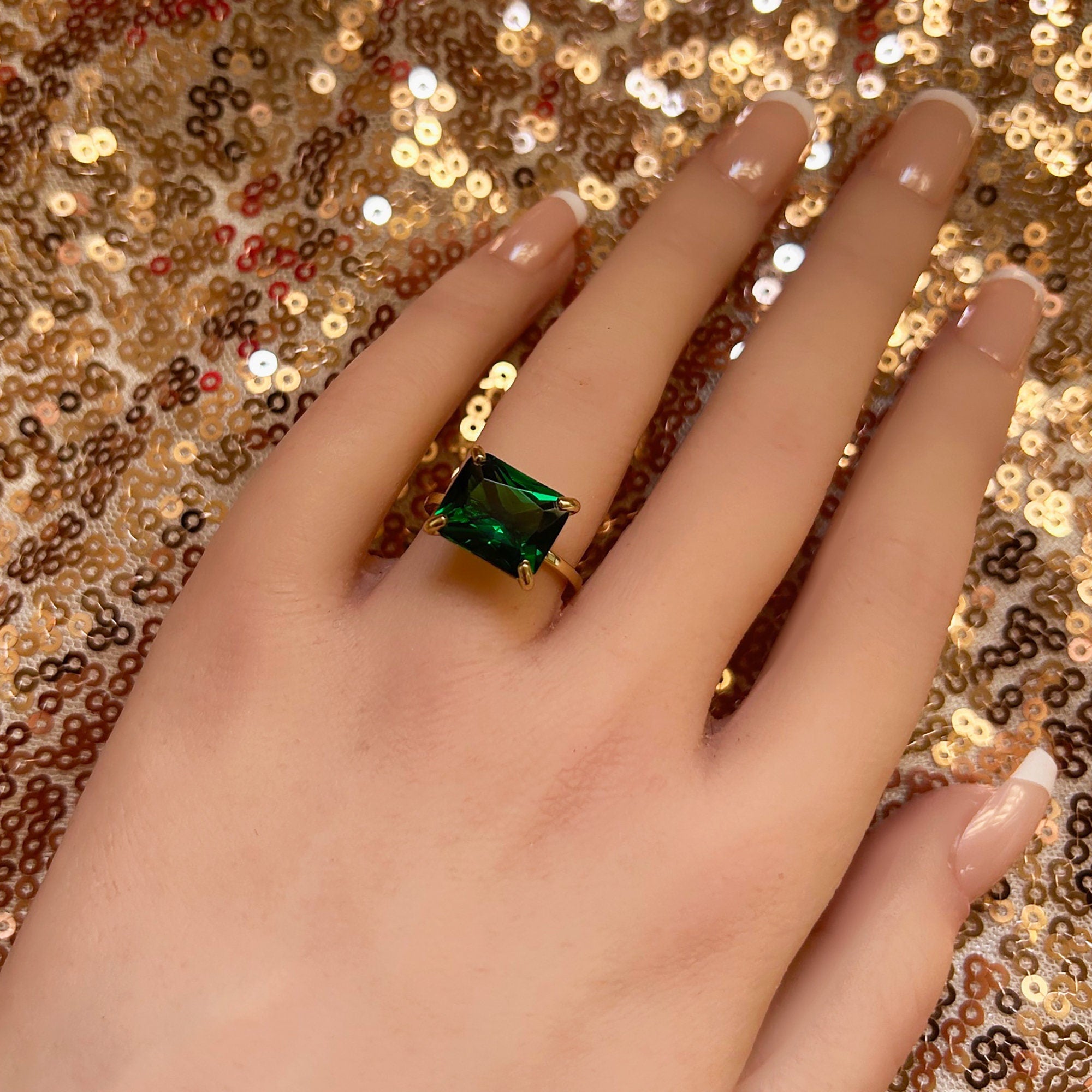 East-West Octagon Emerald Gemstone Solitaire Ring - H.L.Jewelry