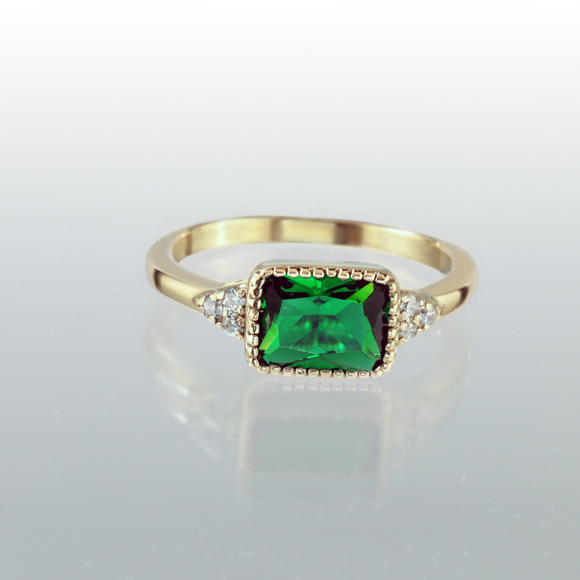 East-West Octagon Emerald Ring with Clear Quartz Accents - H.L.Jewelry