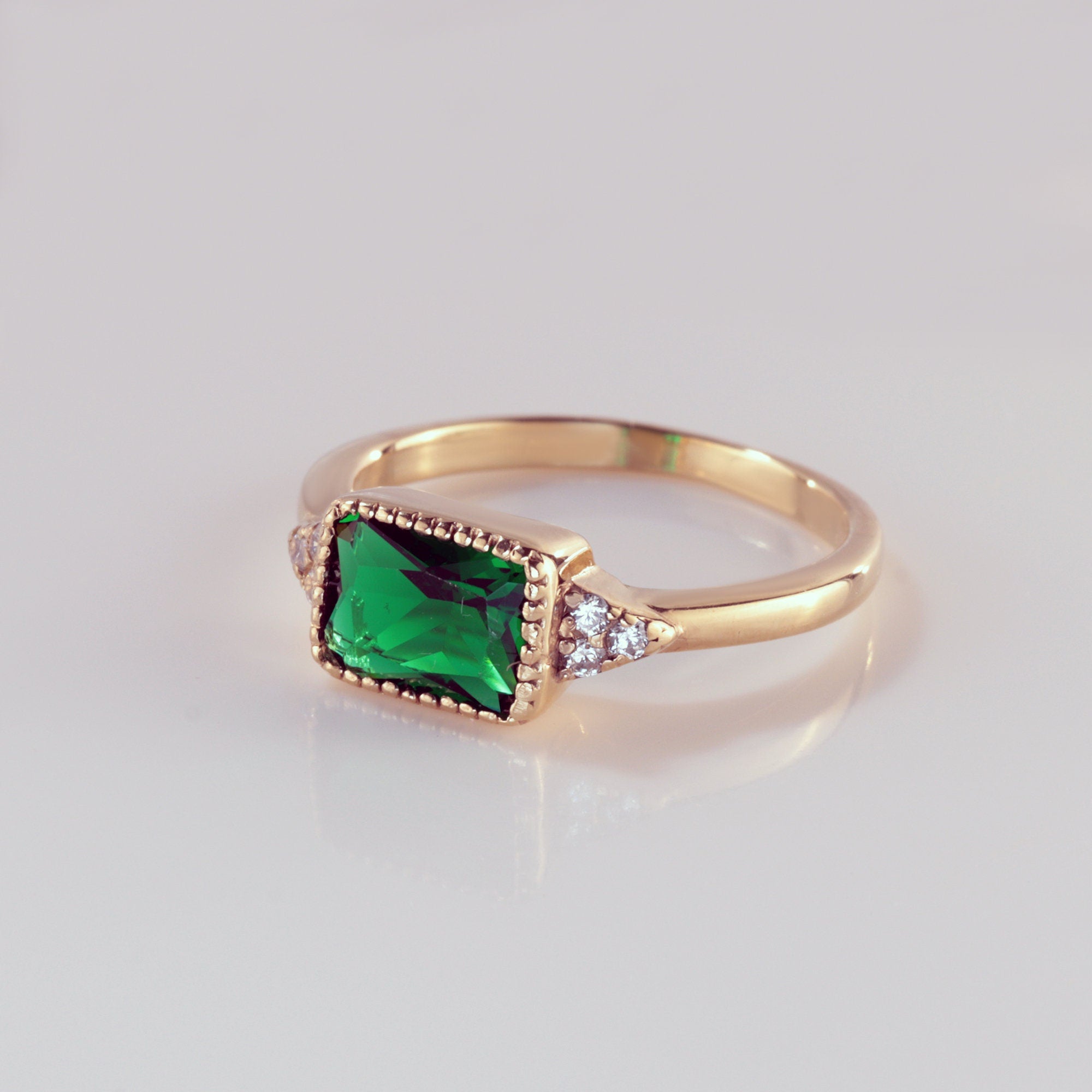 East-West Octagon Emerald Ring with Clear Quartz Accents - H.L.Jewelry