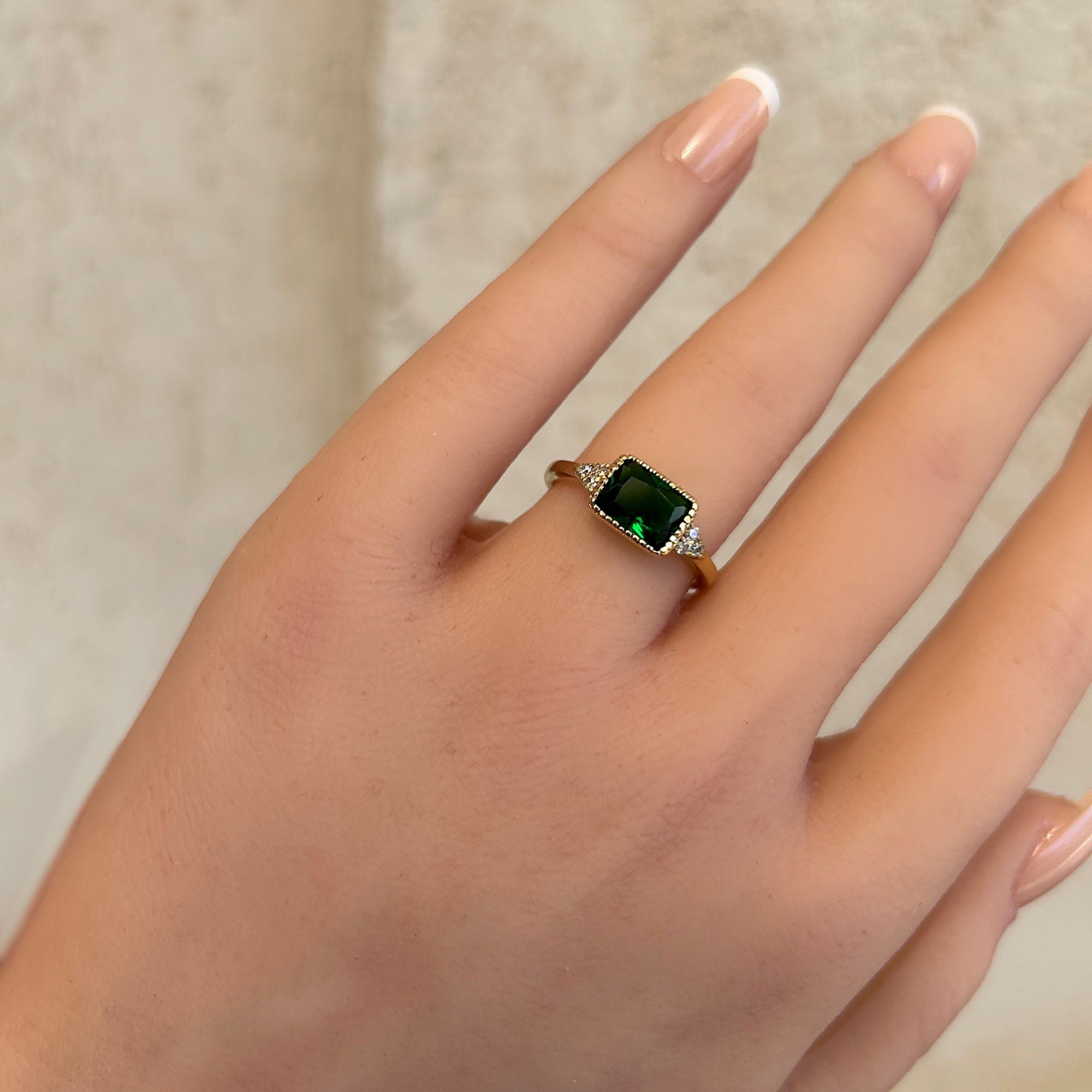 East-West Octagon Emerald Ring with Clear Quartz Accents - H.L.Jewelry