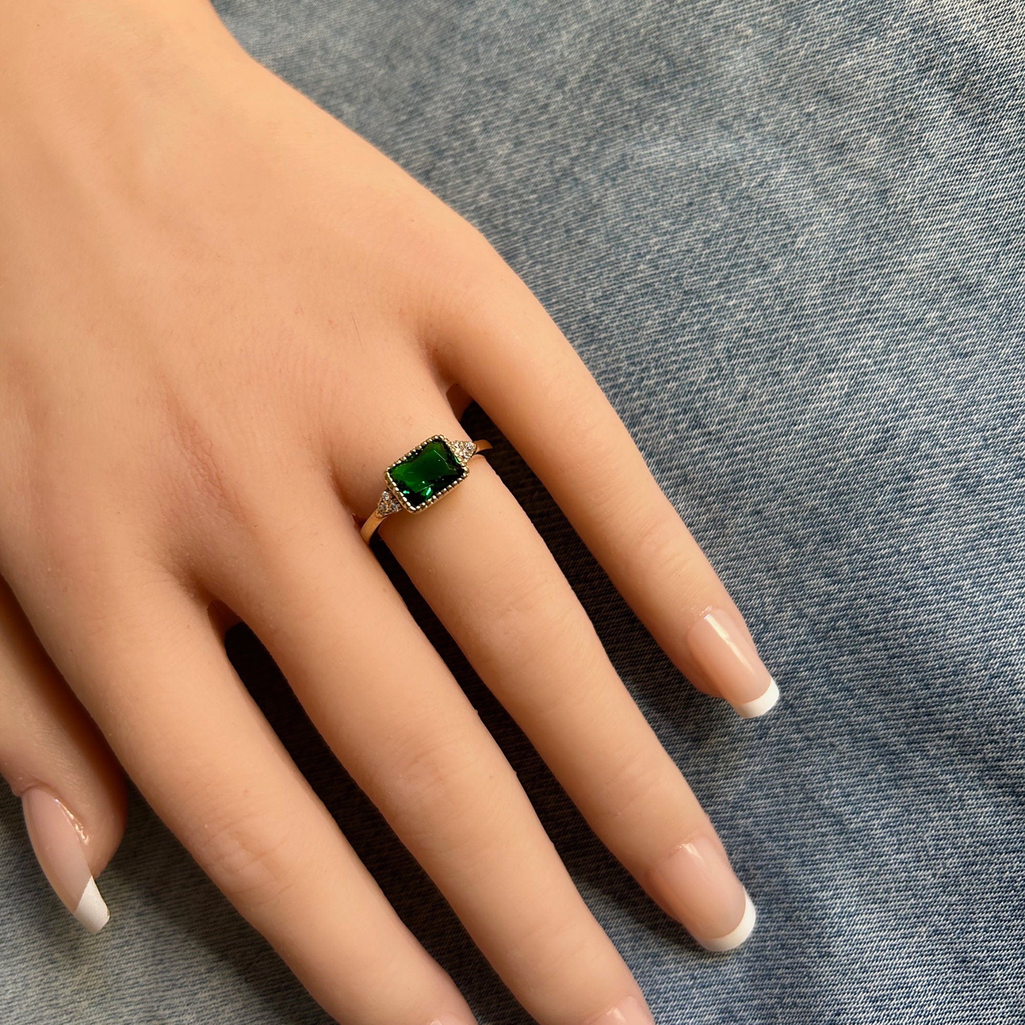 East-West Octagon Emerald Ring with Clear Quartz Accents - H.L.Jewelry