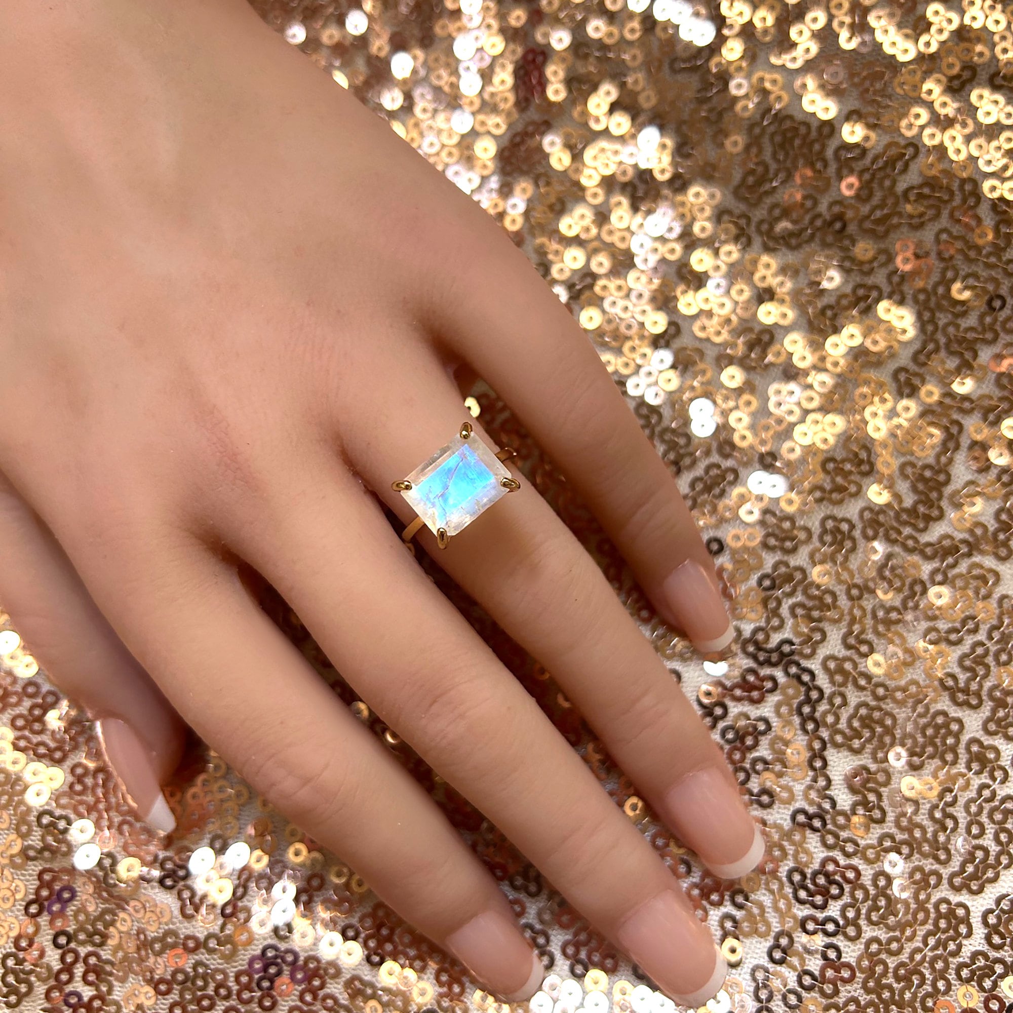 East-West Octagon Rainbow Moonstone Solitaire Ring - H.L.Jewelry