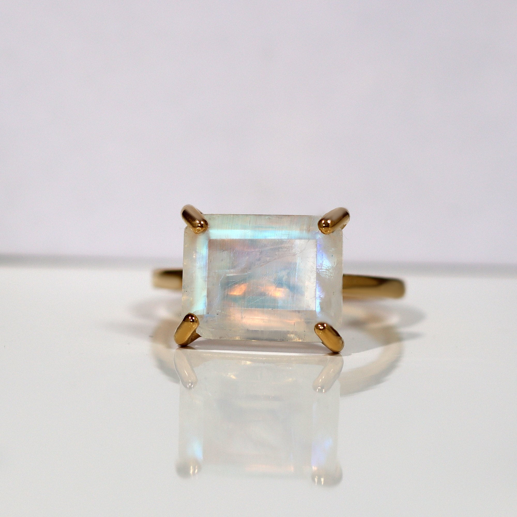 East-West Octagon Rainbow Moonstone Solitaire Ring - H.L.Jewelry