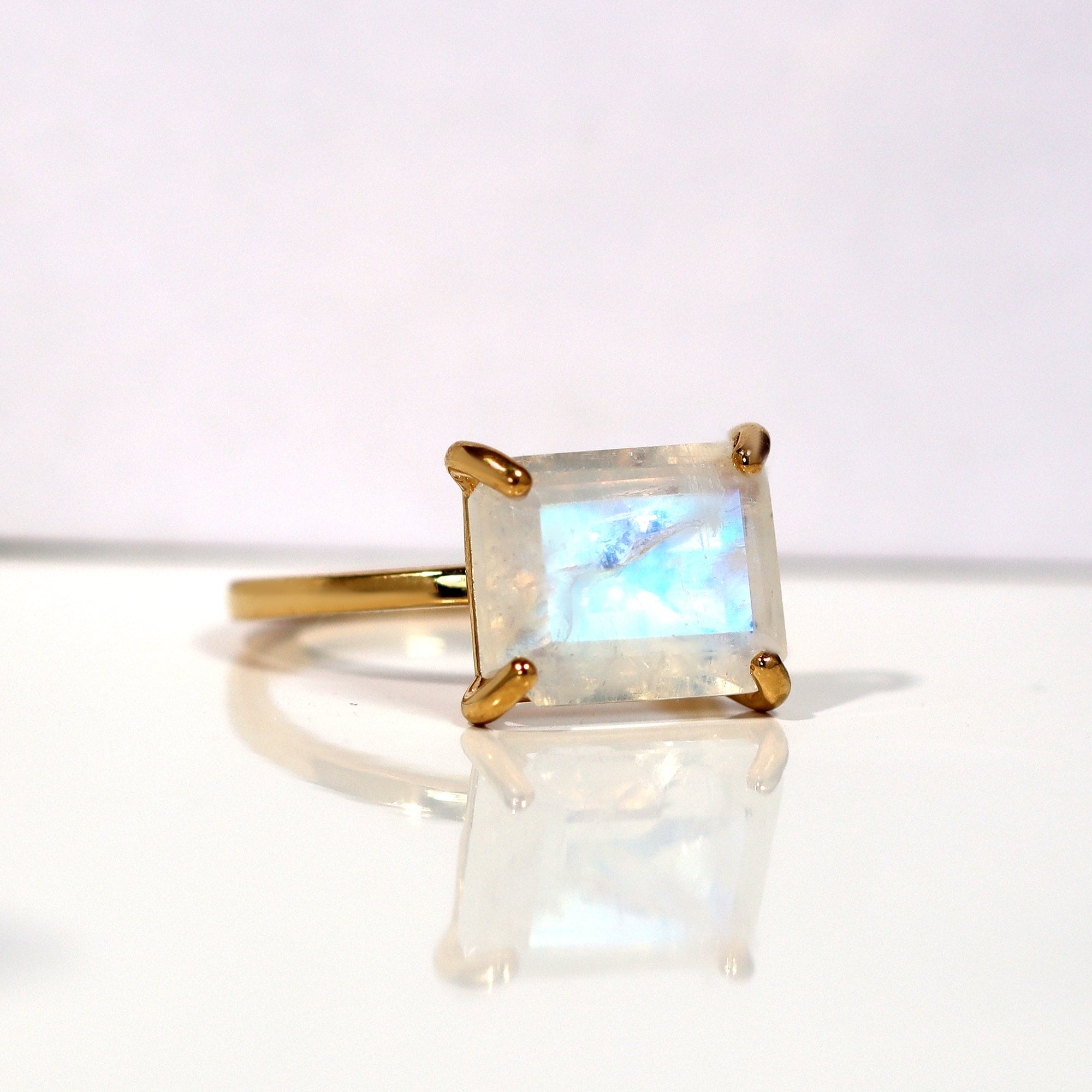 East-West Octagon Rainbow Moonstone Solitaire Ring - H.L.Jewelry