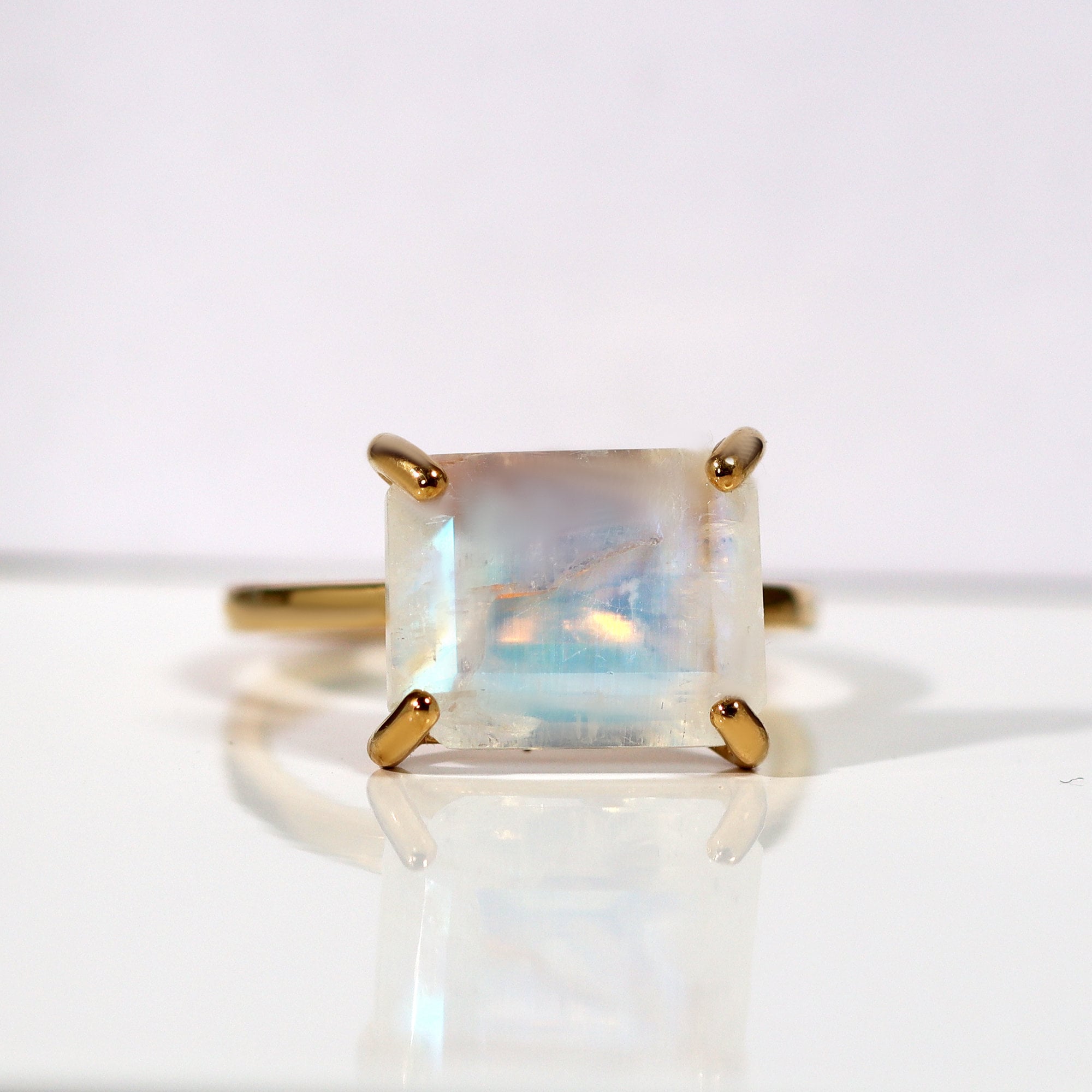 East-West Octagon Rainbow Moonstone Solitaire Ring - H.L.Jewelry