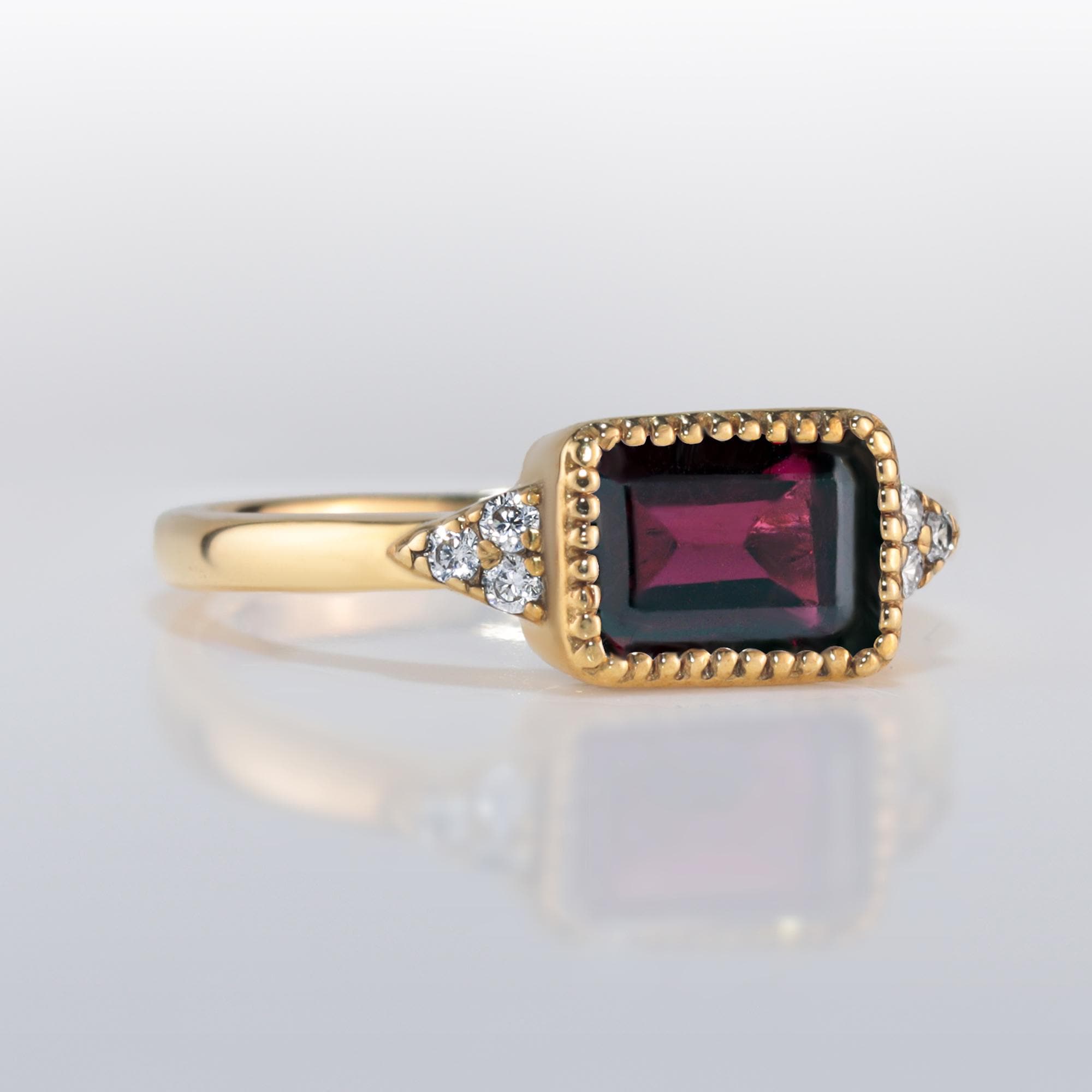 East-West Octagon Red Garnet Ring with Clear Quartz Assents - H.L.Jewelry