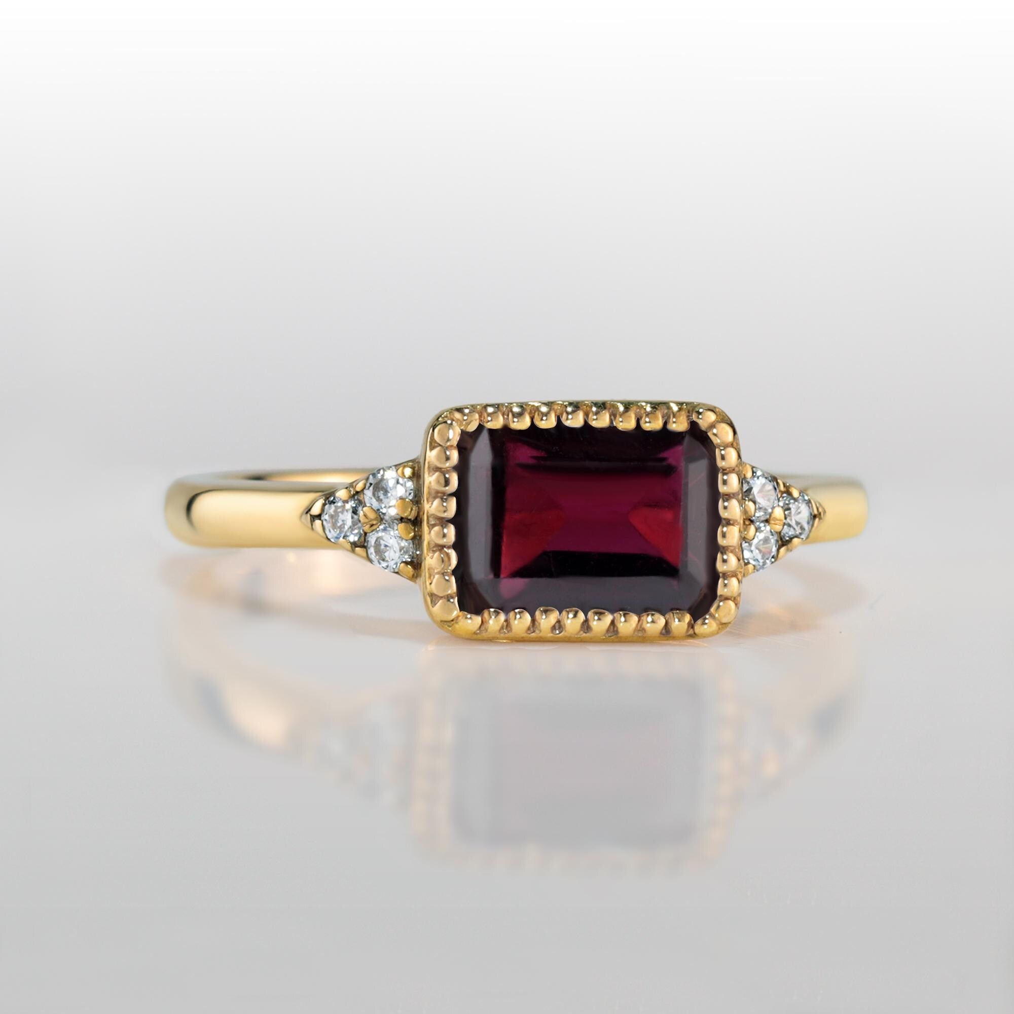 East-West Octagon Red Garnet Ring with Clear Quartz Assents - H.L.Jewelry