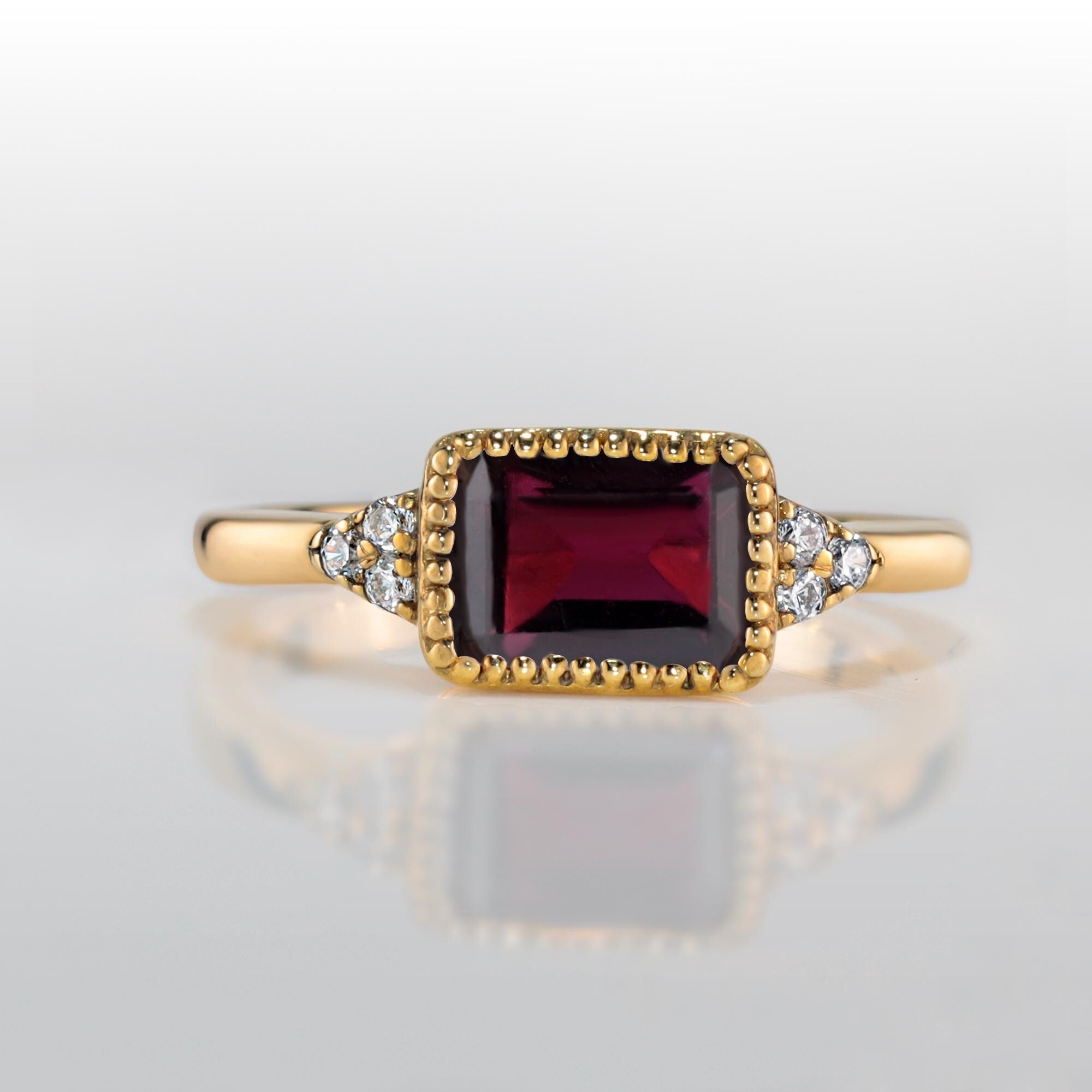 East-West Octagon Red Garnet Ring with Clear Quartz Assents - H.L.Jewelry