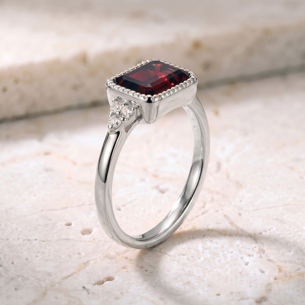 East-West Octagon Red Garnet Ring with Clear Quartz Assents - H.L.Jewelry