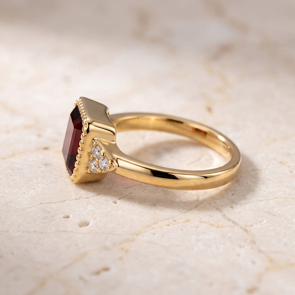 East-West Octagon Red Garnet Ring with Clear Quartz Assents - H.L.Jewelry