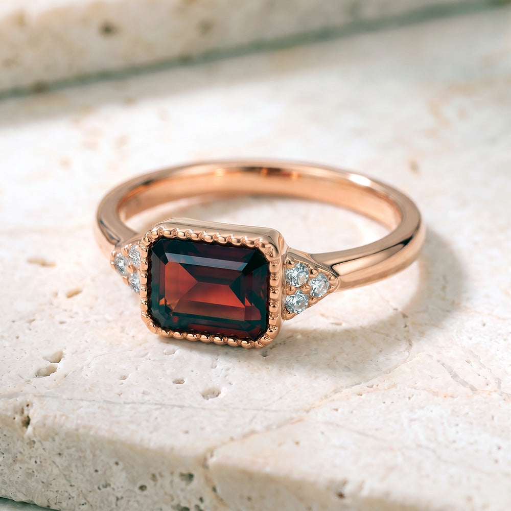 East-West Octagon Red Garnet Ring with Clear Quartz Assents - H.L.Jewelry