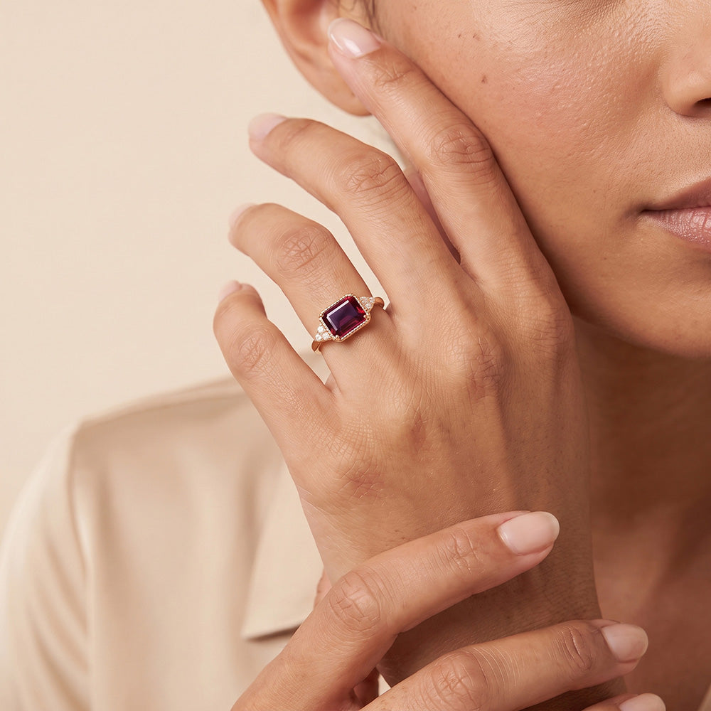 East-West Octagon Red Garnet Ring with Clear Quartz Assents - H.L.Jewelry