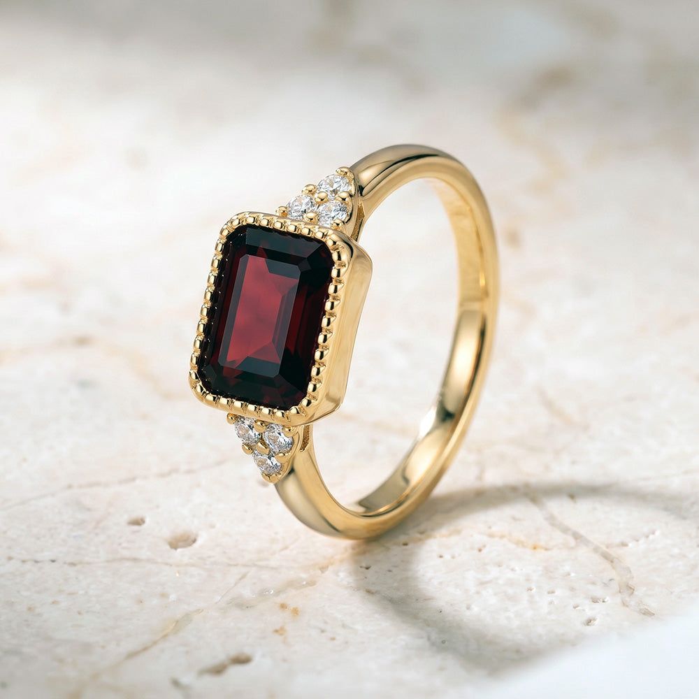 East-West Octagon Red Garnet Ring with Clear Quartz Assents - H.L.Jewelry