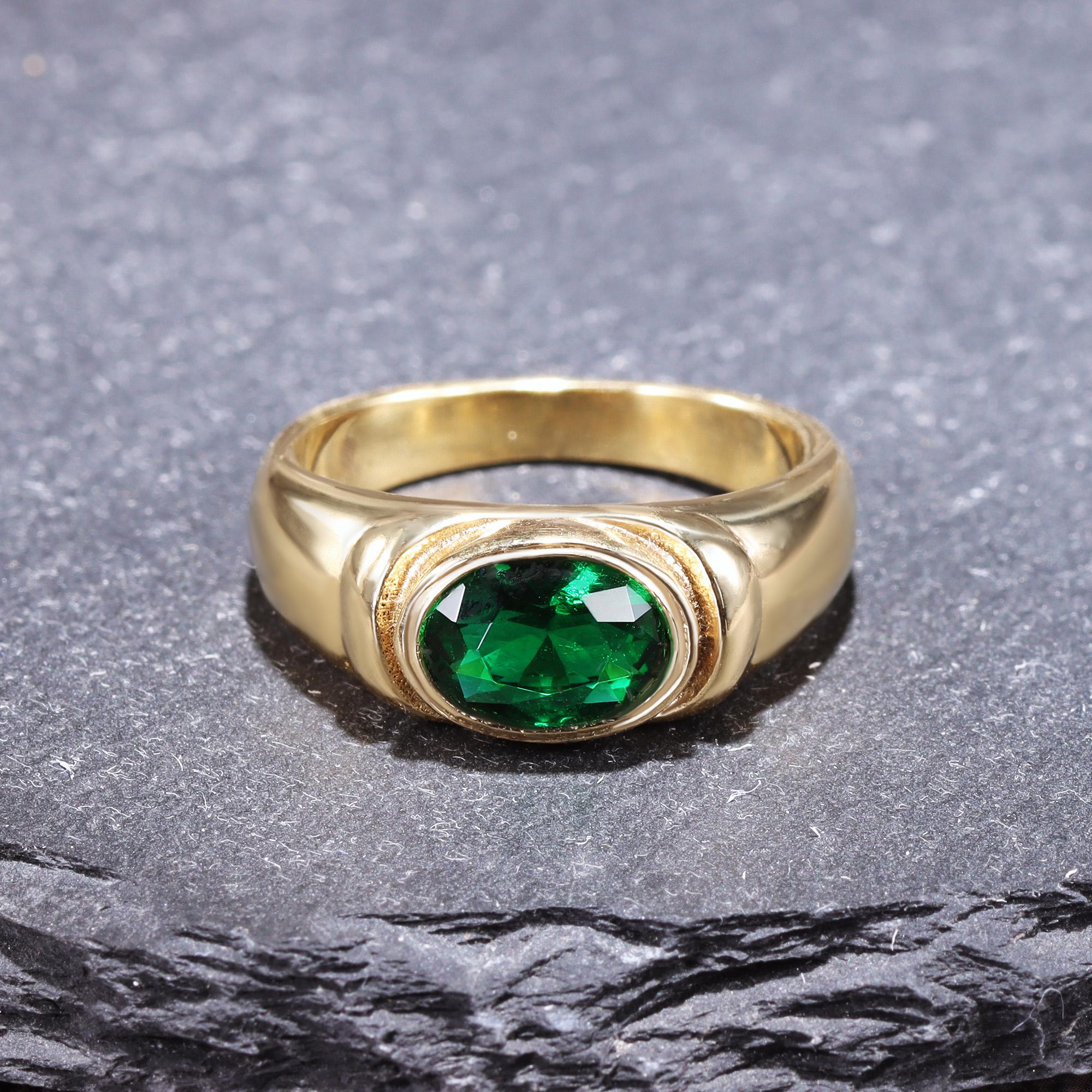 East-West Oval Emerald Gemstone Bezel Set Statement Bold Ring - H.L.Jewelry