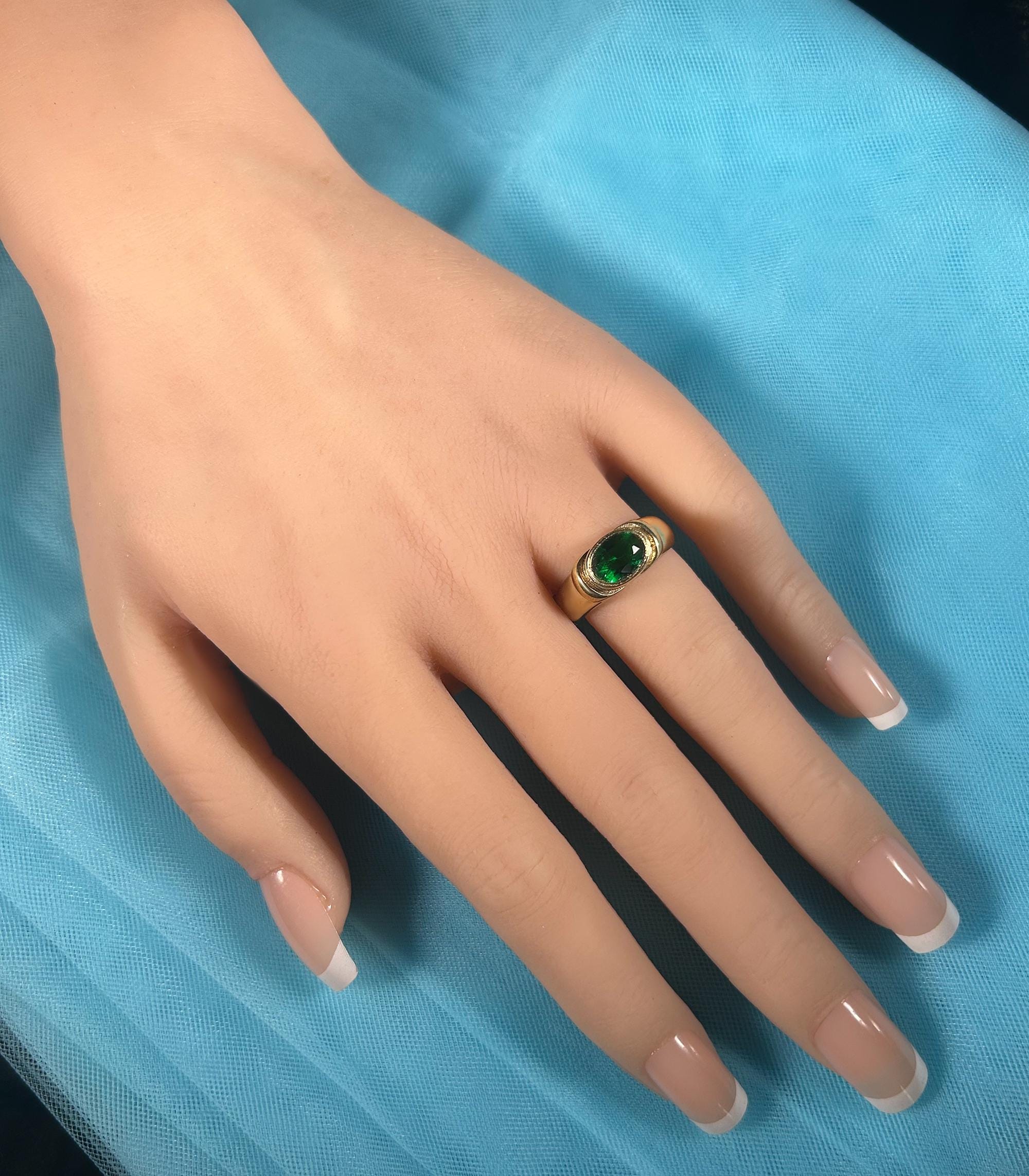 East-West Oval Emerald Gemstone Bezel Set Statement Bold Ring - H.L.Jewelry