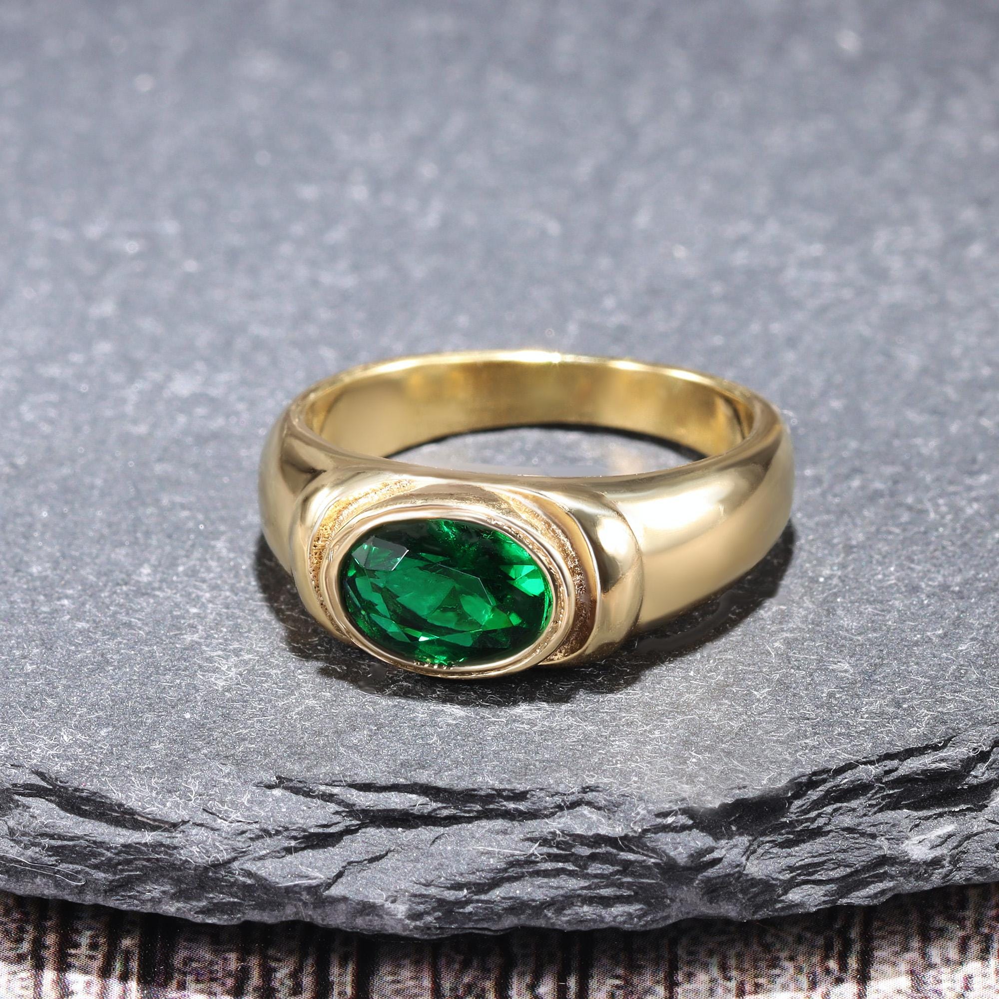 East-West Oval Emerald Gemstone Bezel Set Statement Bold Ring - H.L.Jewelry