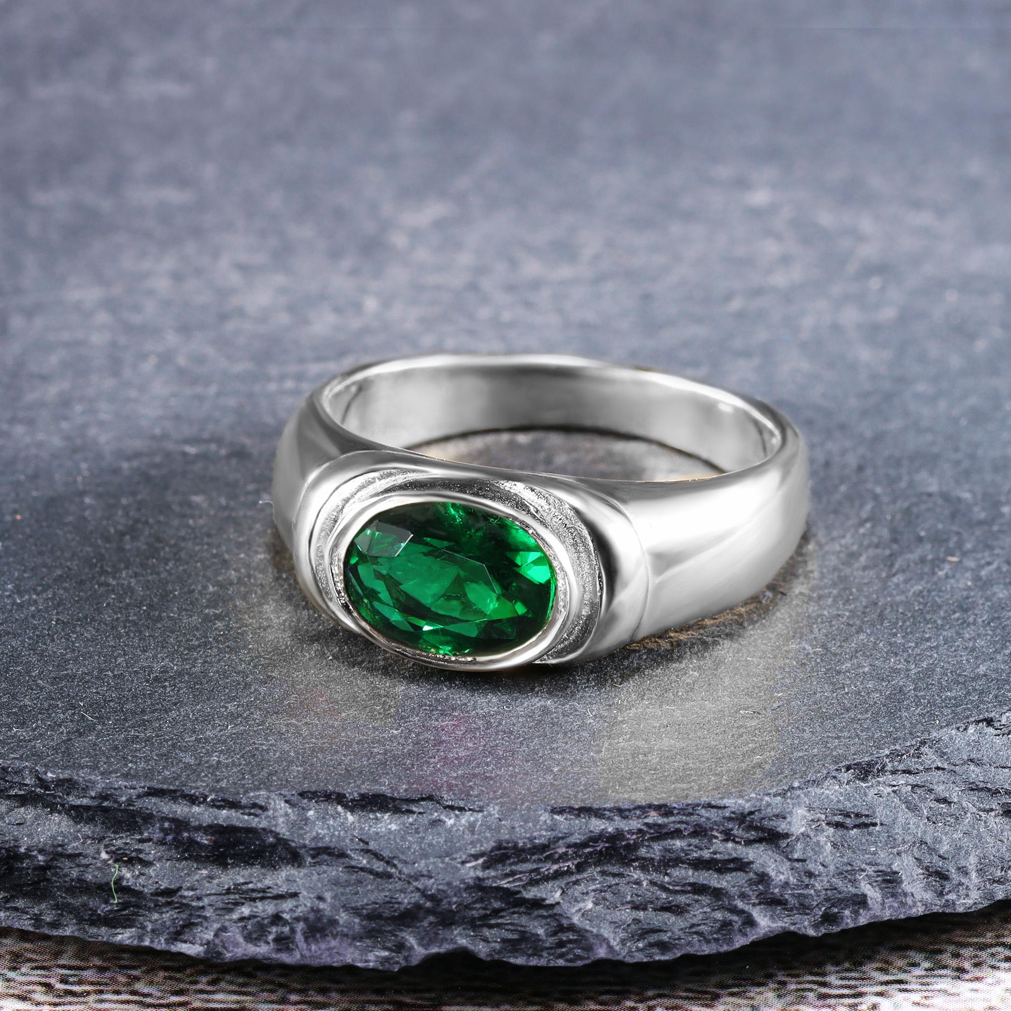 East-West Oval Emerald Gemstone Bezel Set Statement Bold Ring - H.L.Jewelry