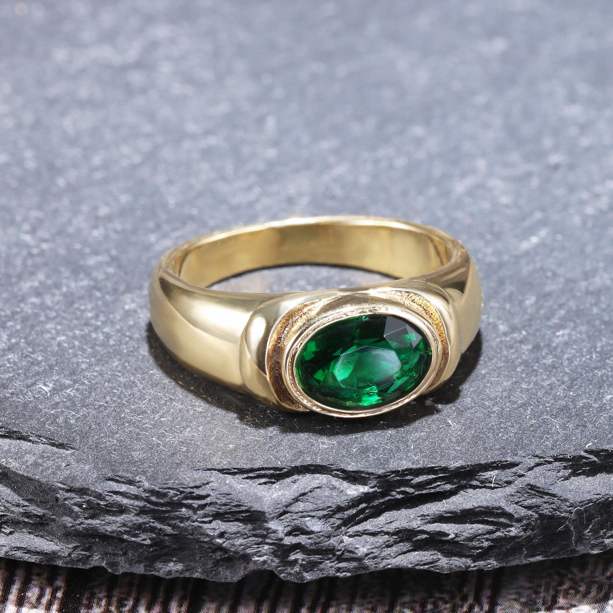 East-West Oval Emerald Gemstone Bezel Set Statement Bold Ring - H.L.Jewelry