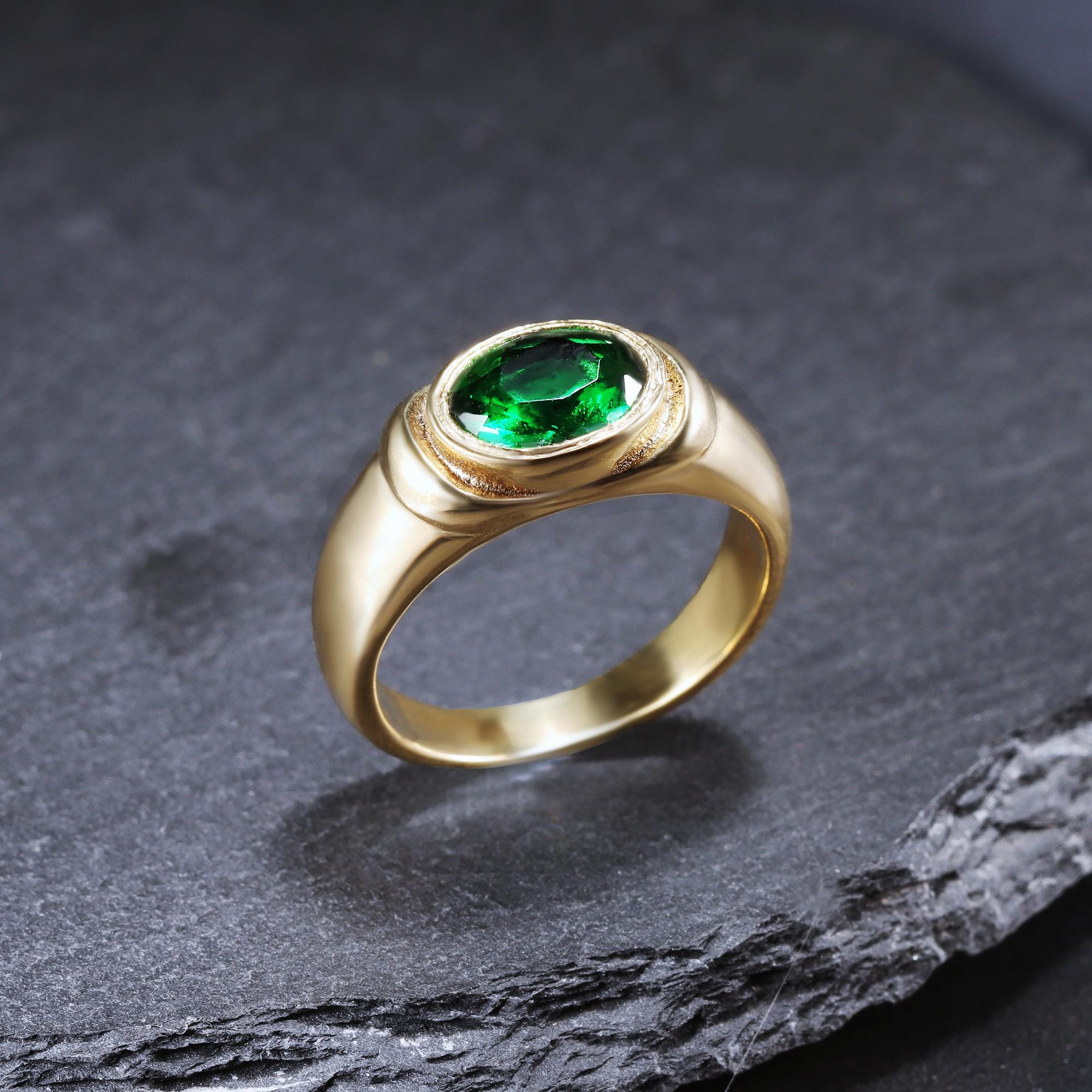 East-West Oval Emerald Gemstone Bezel Set Statement Bold Ring - H.L.Jewelry