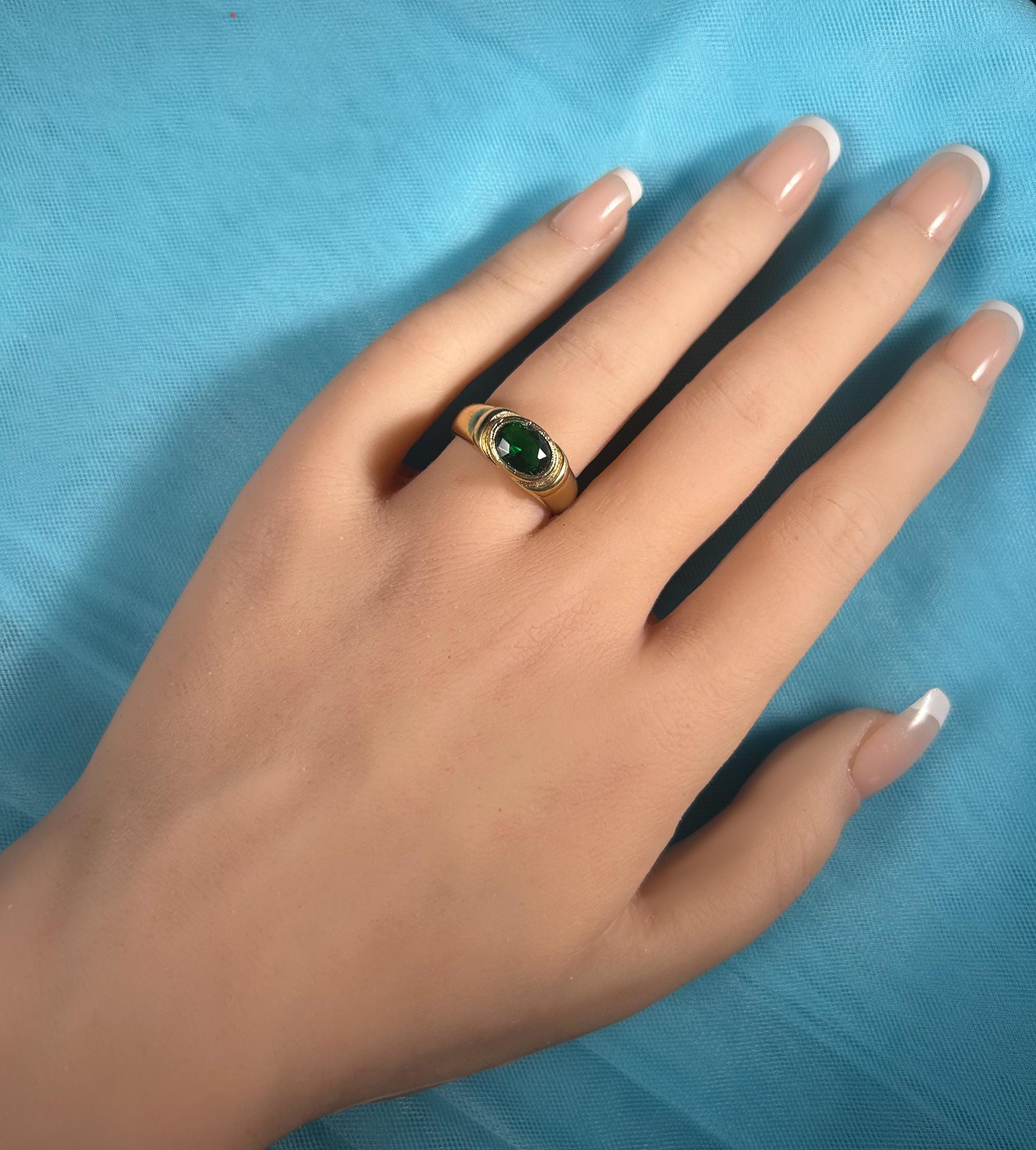 East-West Oval Emerald Gemstone Bezel Set Statement Bold Ring - H.L.Jewelry
