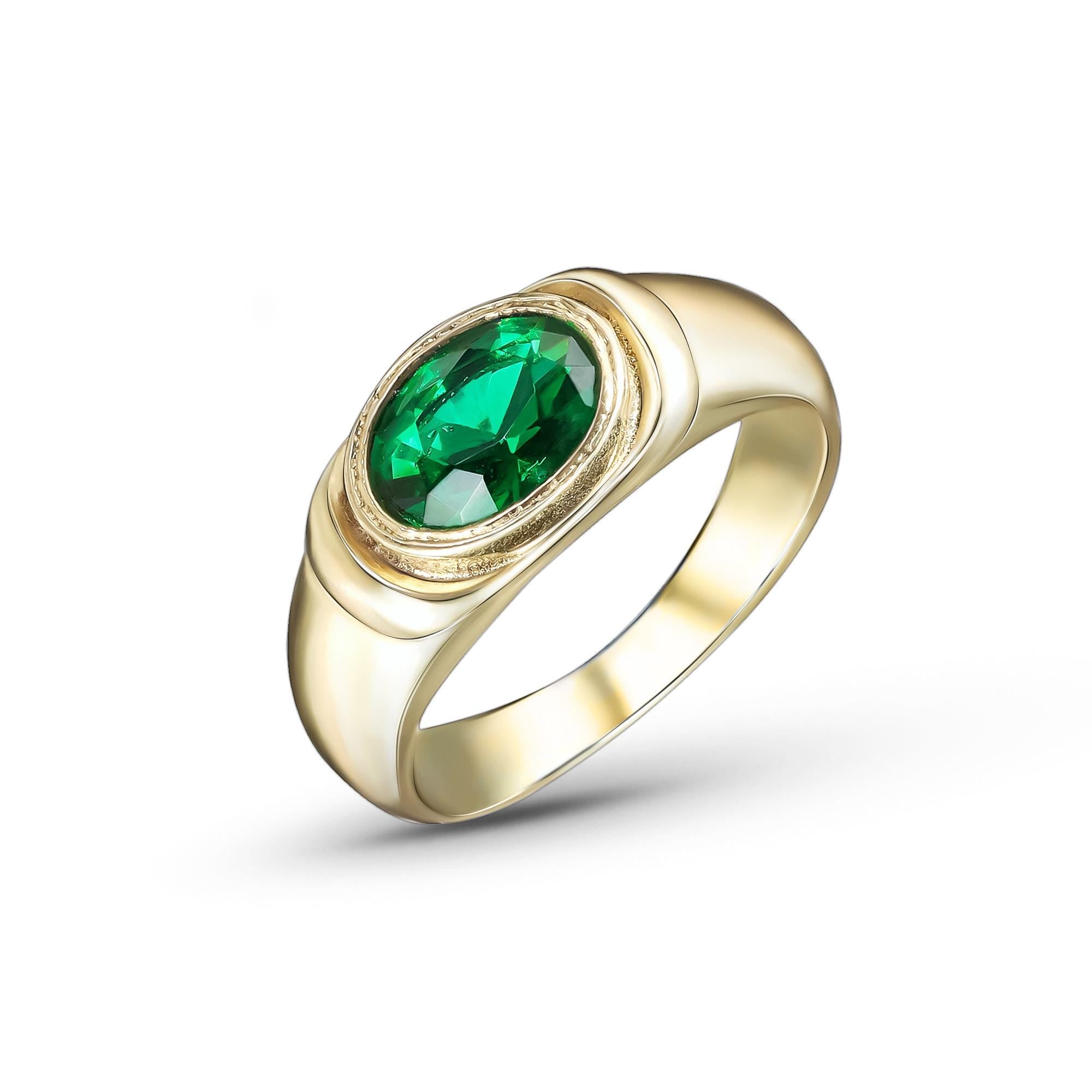 East-West Oval Emerald Gemstone Bezel Set Statement Bold Ring - H.L.Jewelry