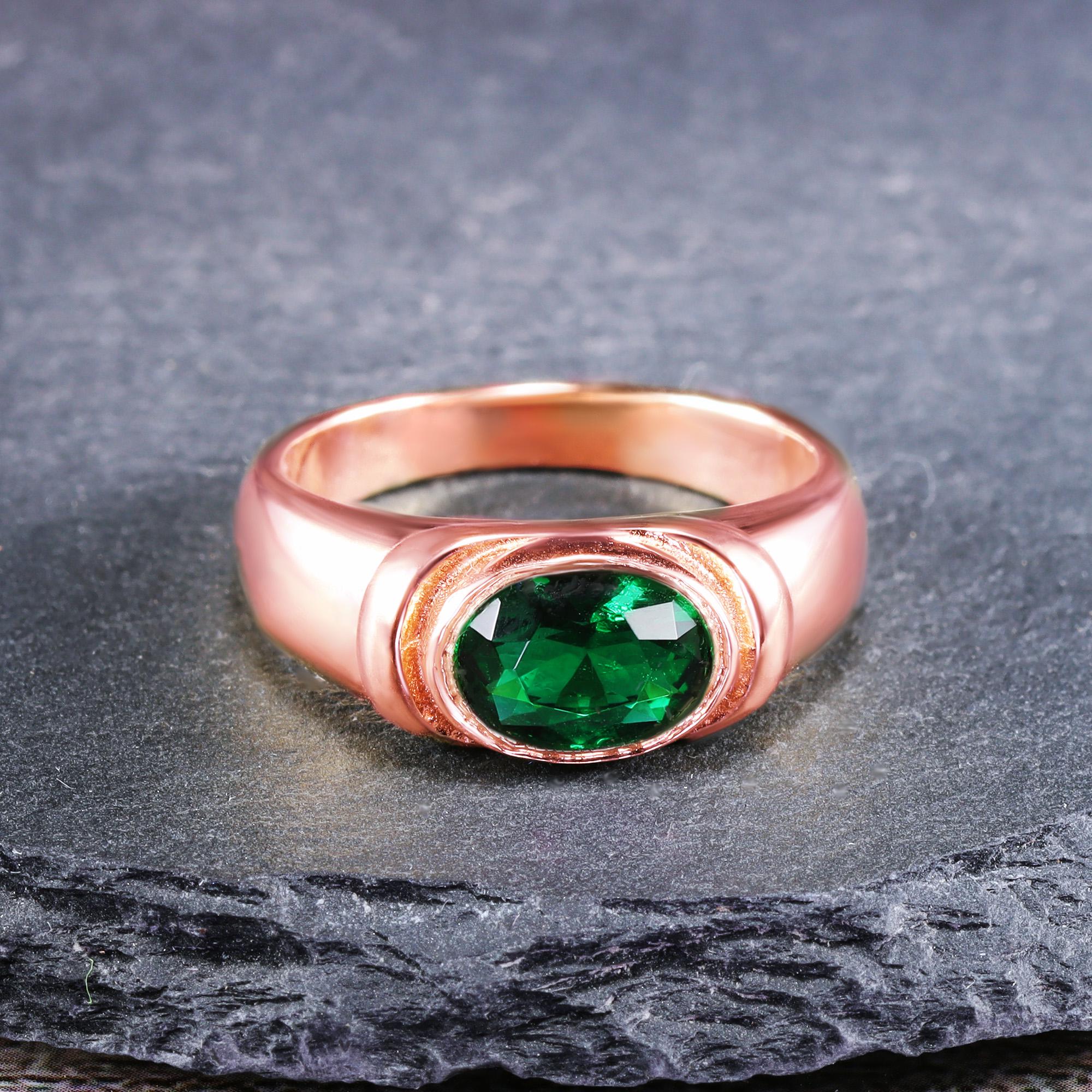 East-West Oval Emerald Gemstone Bezel Set Statement Bold Ring - H.L.Jewelry