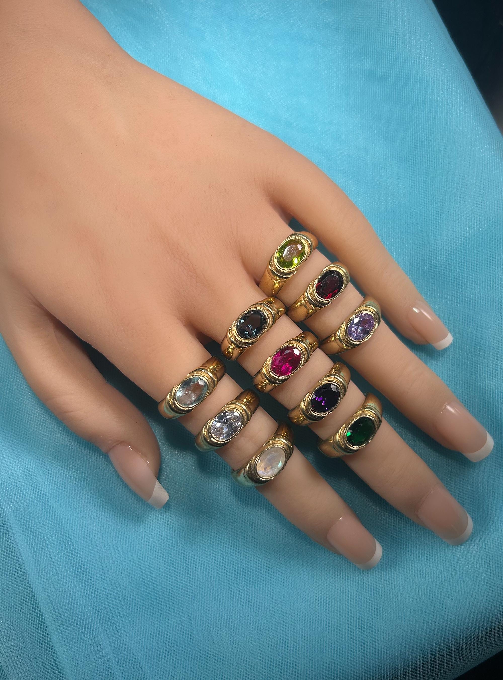 East-West Oval Emerald Gemstone Bezel Set Statement Bold Ring - H.L.Jewelry