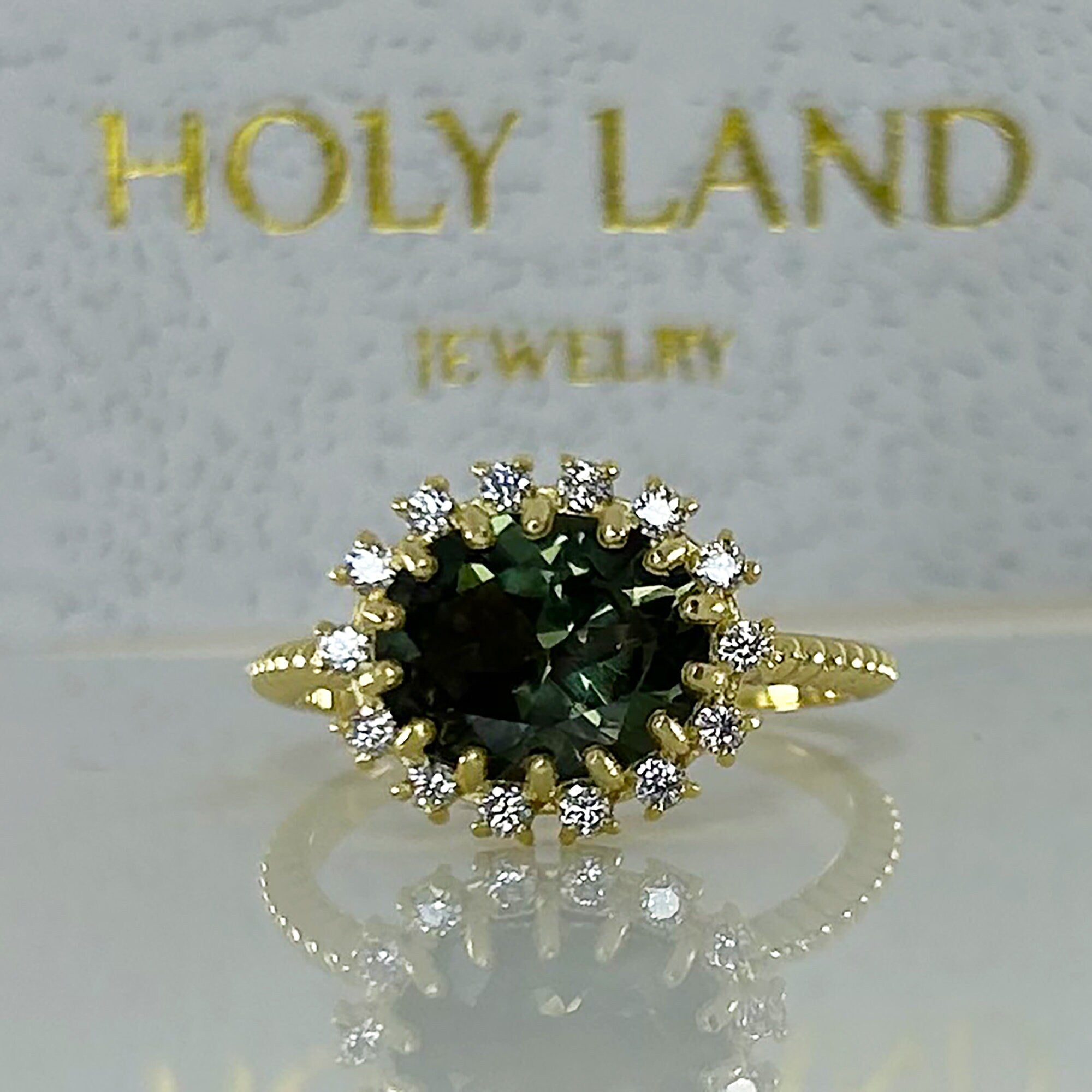 East-West Oval Green Tourmaline Ring with Clear Quartz Halo - H.L.Jewelry