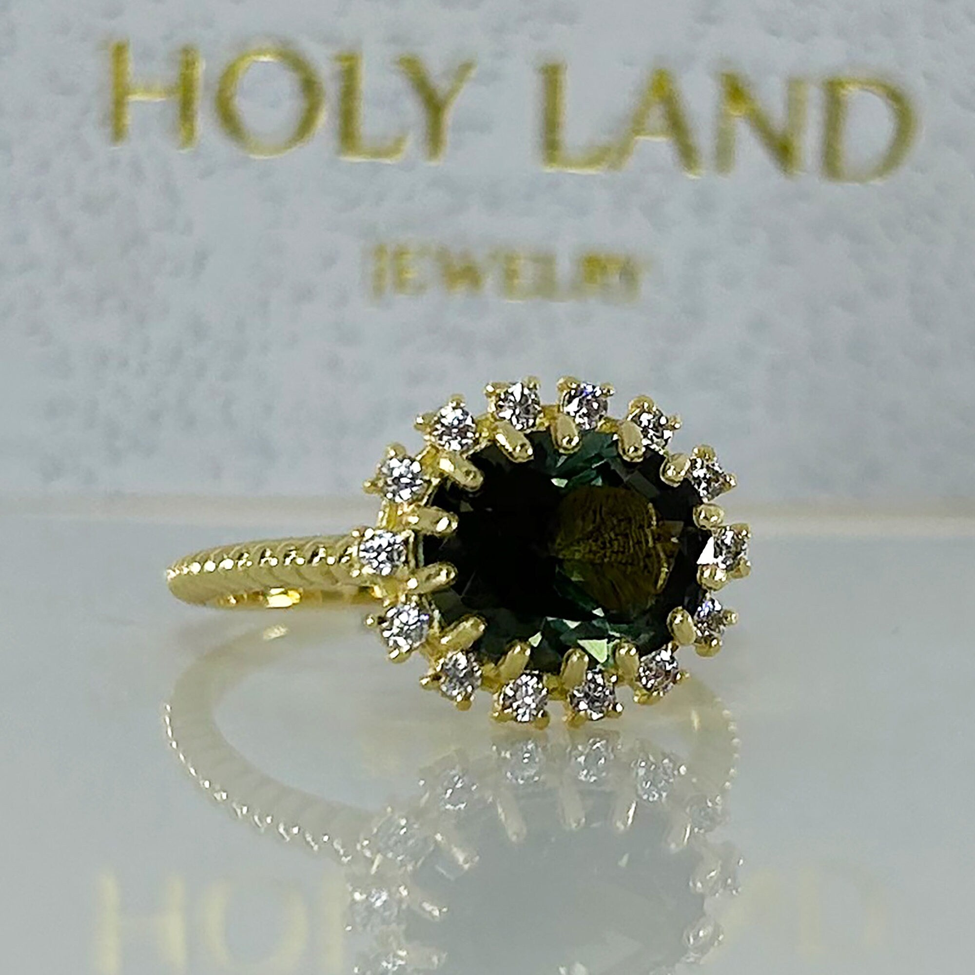 East-West Oval Green Tourmaline Ring with Clear Quartz Halo - H.L.Jewelry
