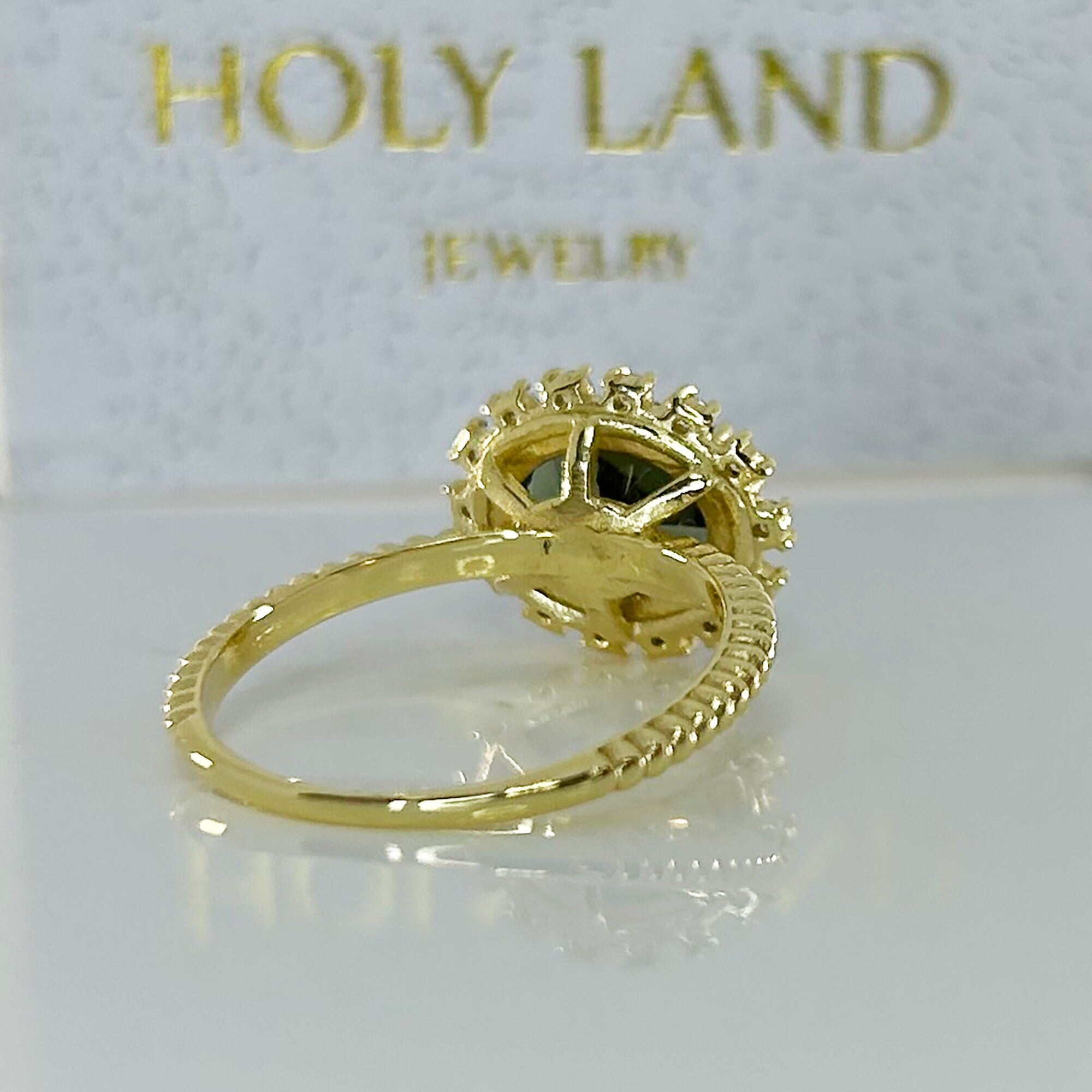 East-West Oval Green Tourmaline Ring with Clear Quartz Halo - H.L.Jewelry