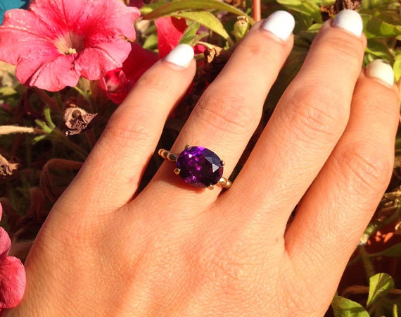 East-West Oval Purple Amethyst Beaded Band Statement Ring - H.L.Jewelry