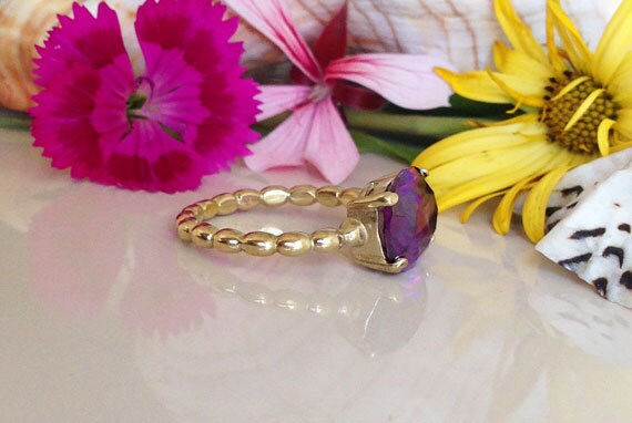 East-West Oval Purple Amethyst Beaded Band Statement Ring - H.L.Jewelry