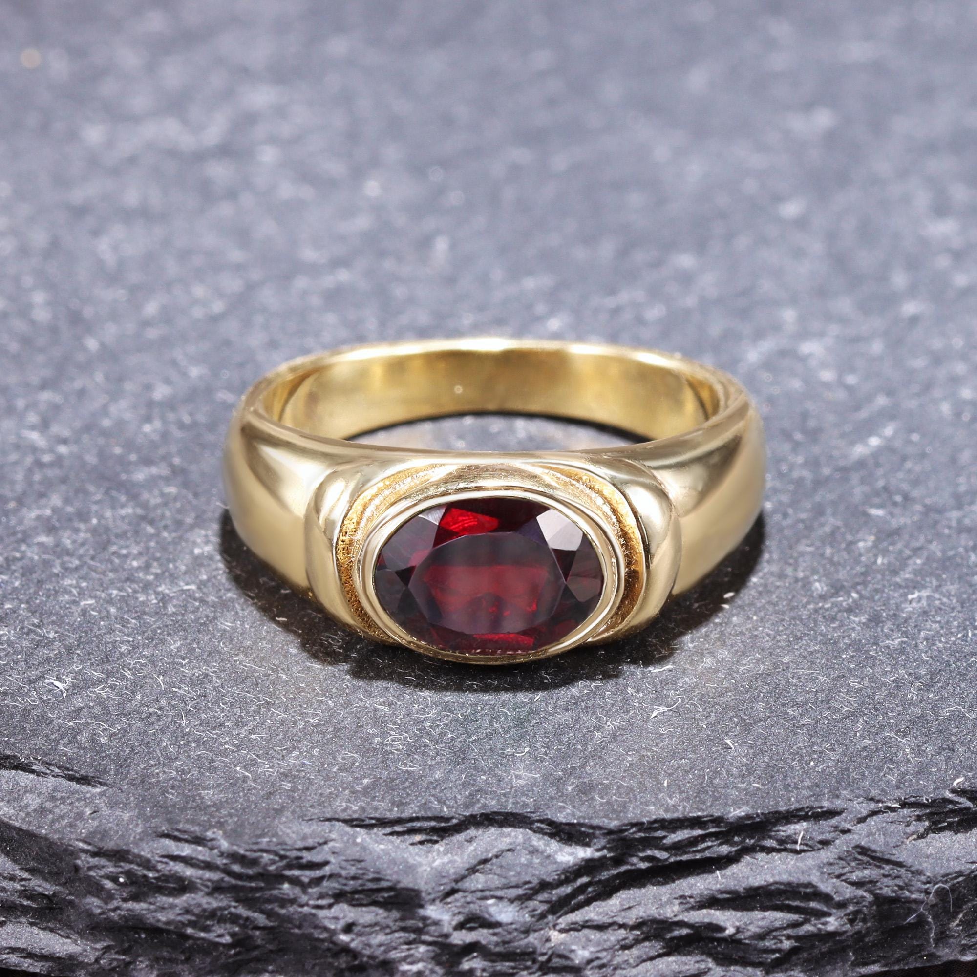 East-West Oval Red Garnet Bezel Set Statement Bold Ring - H.L.Jewelry