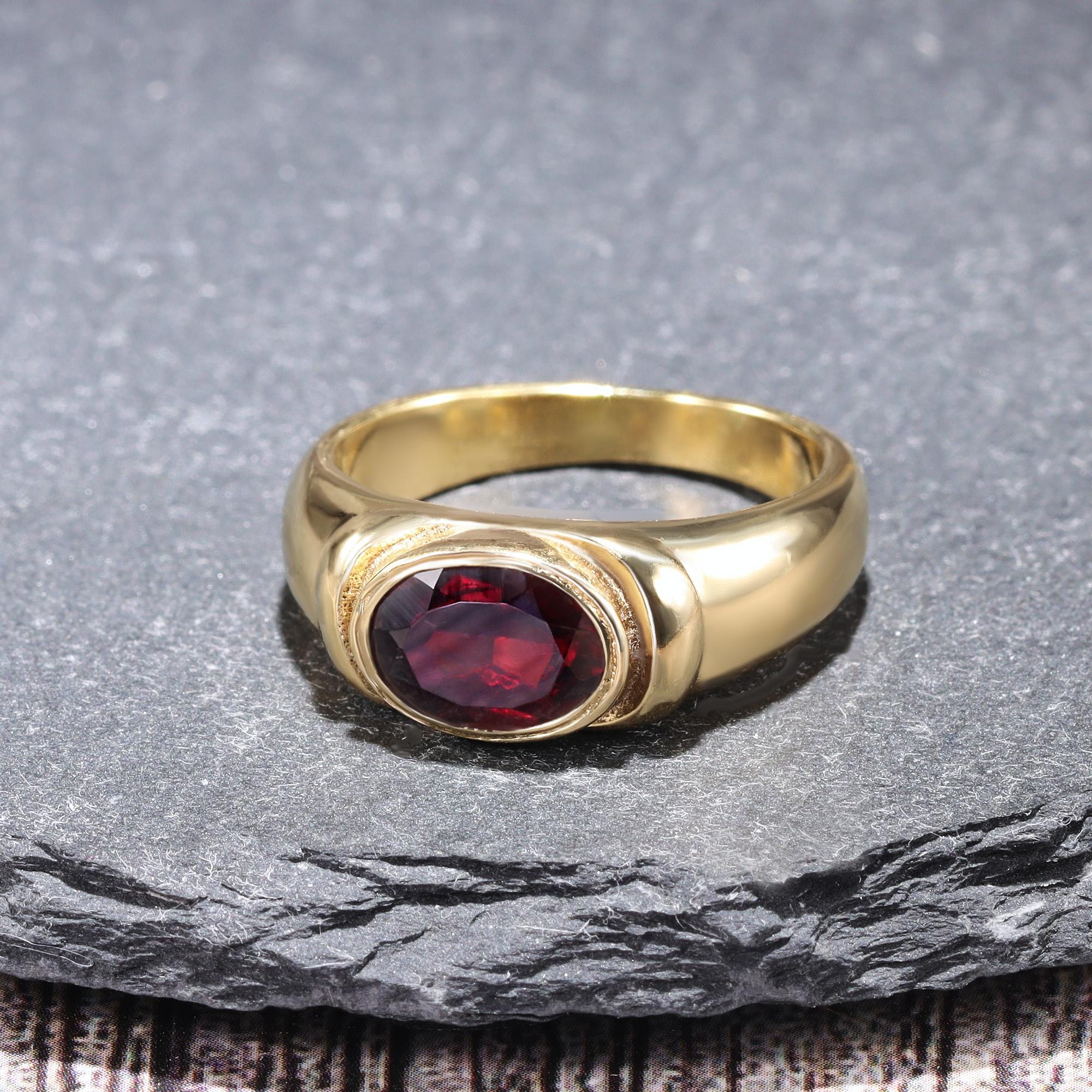 East-West Oval Red Garnet Bezel Set Statement Bold Ring - H.L.Jewelry
